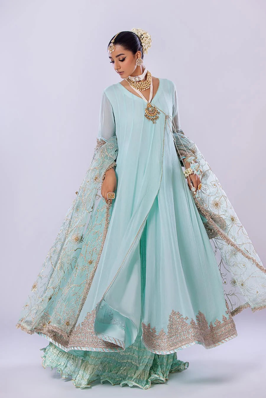 Khuda Baksh Turquoise Chiffon Embroidered Suit (P-256)