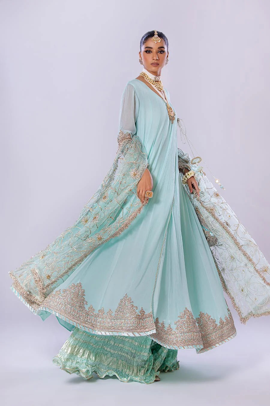 Khuda Baksh Turquoise Chiffon Embroidered Suit (P-256)