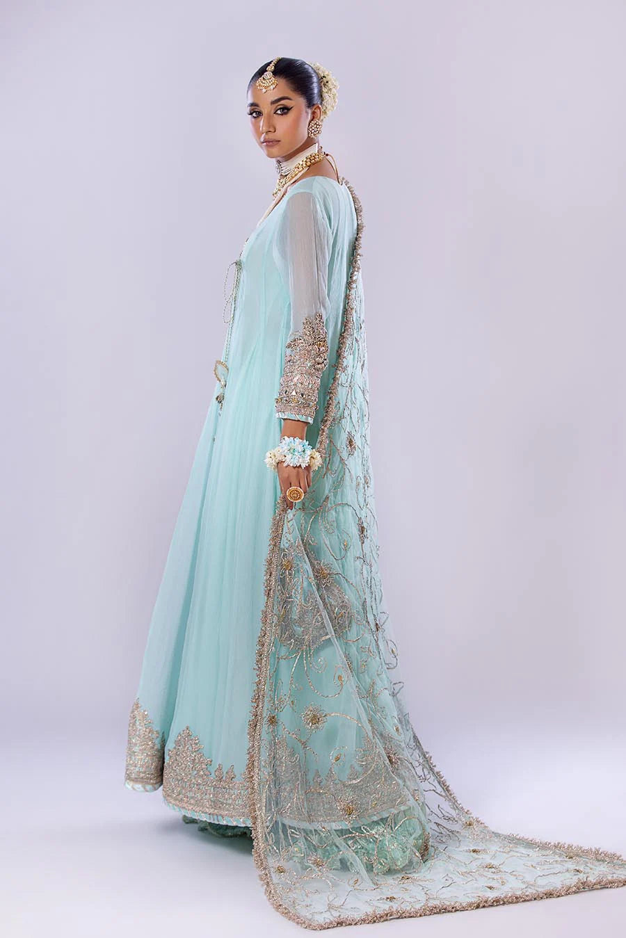 Khuda Baksh Turquoise Chiffon Embroidered Suit (P-256)