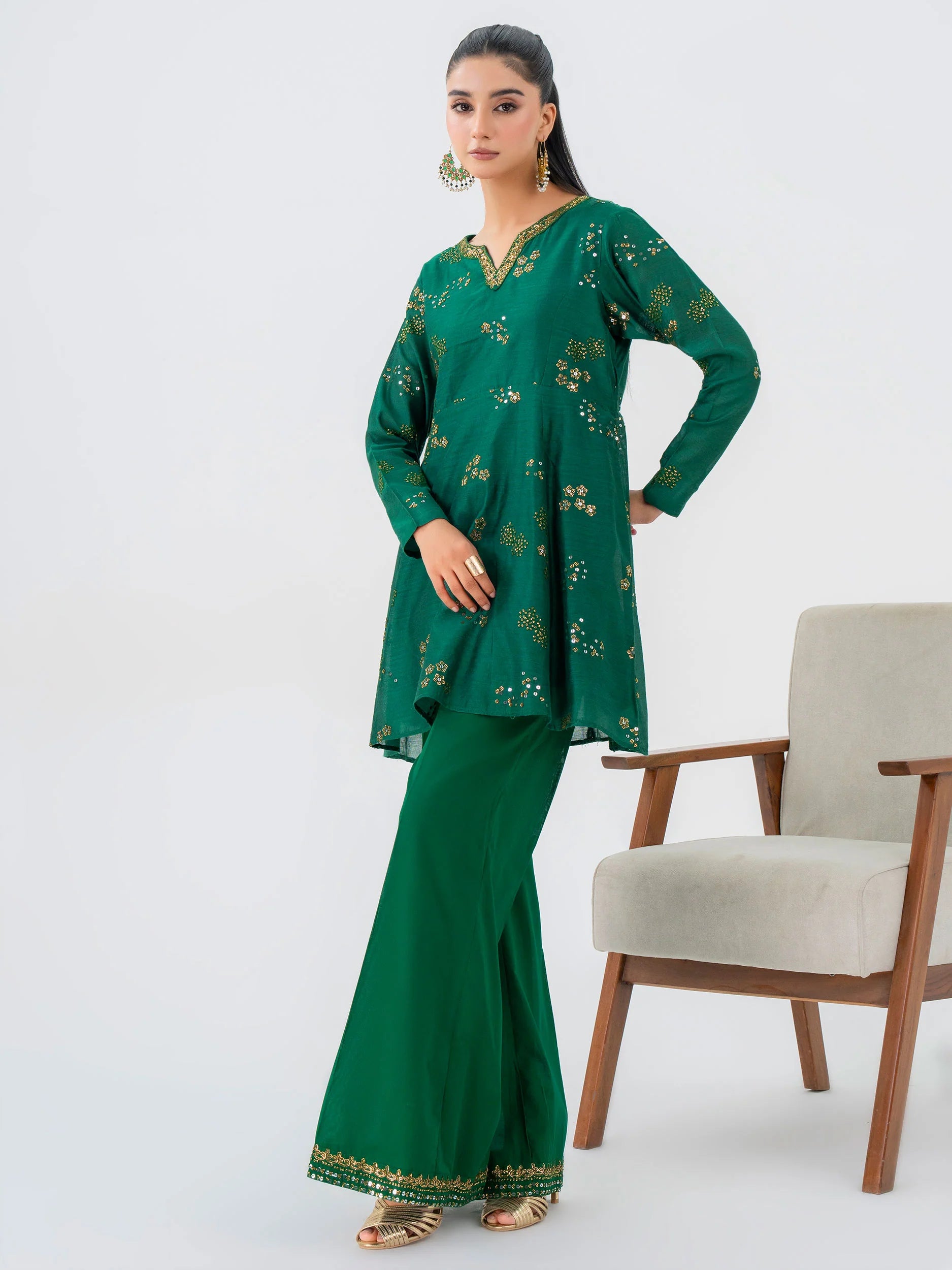 Limelight Green Embroidered Net Peplum Suit (P9335ST)