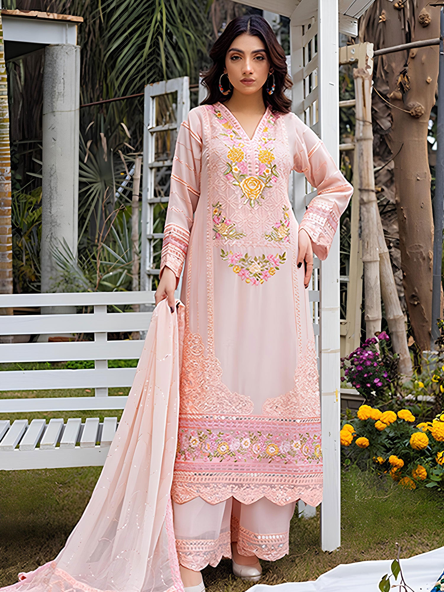 Luxury Embroidered Chiffon Suit (Vol.02) - Peach