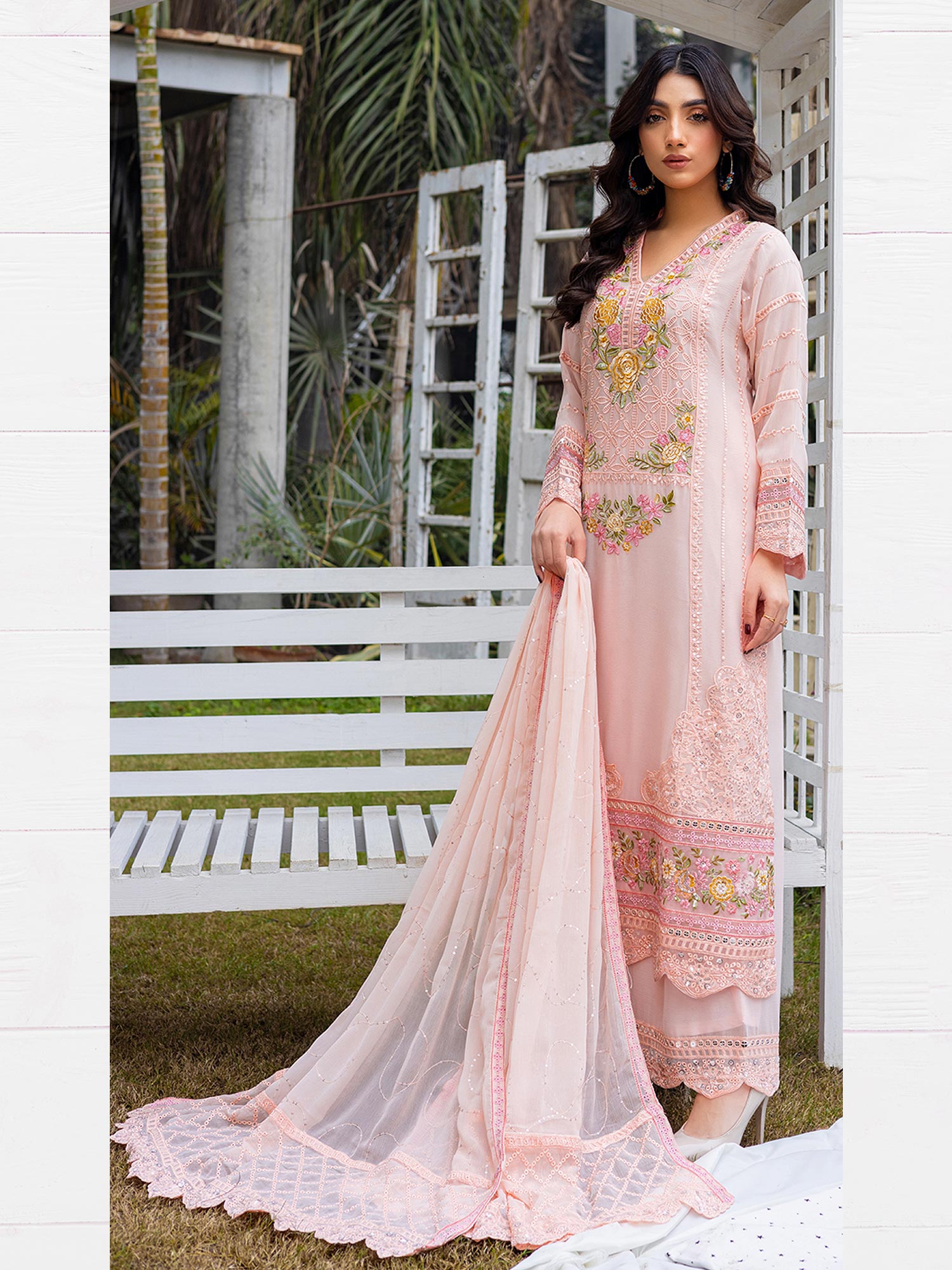 Luxury Embroidered Chiffon Suit (Vol.02) - Peach