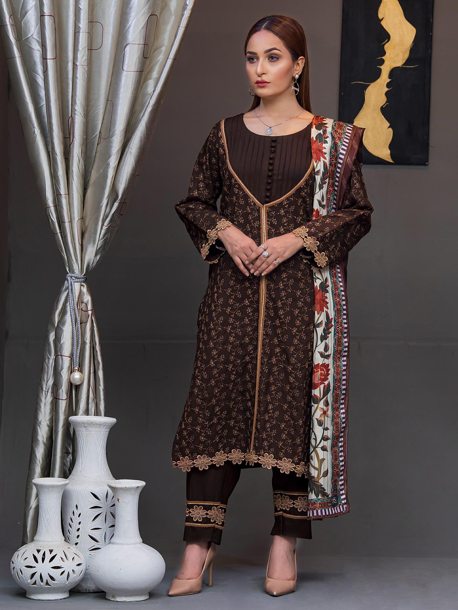 Rangz Brown Embroidered Marina Suit with Printed Shawl