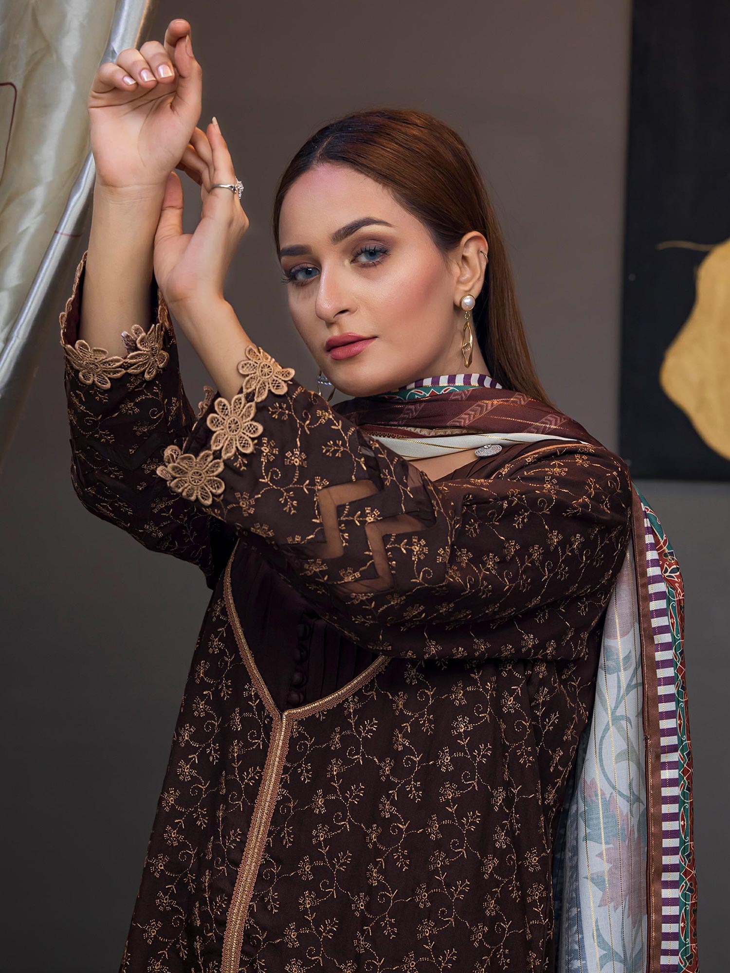 Rangz Brown Embroidered Marina Suit with Printed Shawl