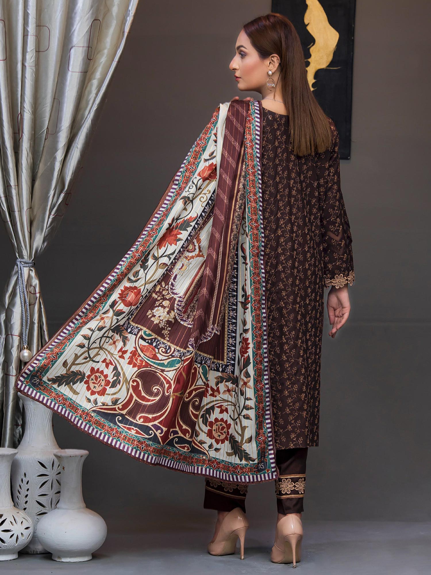 Rangz Brown Embroidered Marina Suit with Printed Shawl