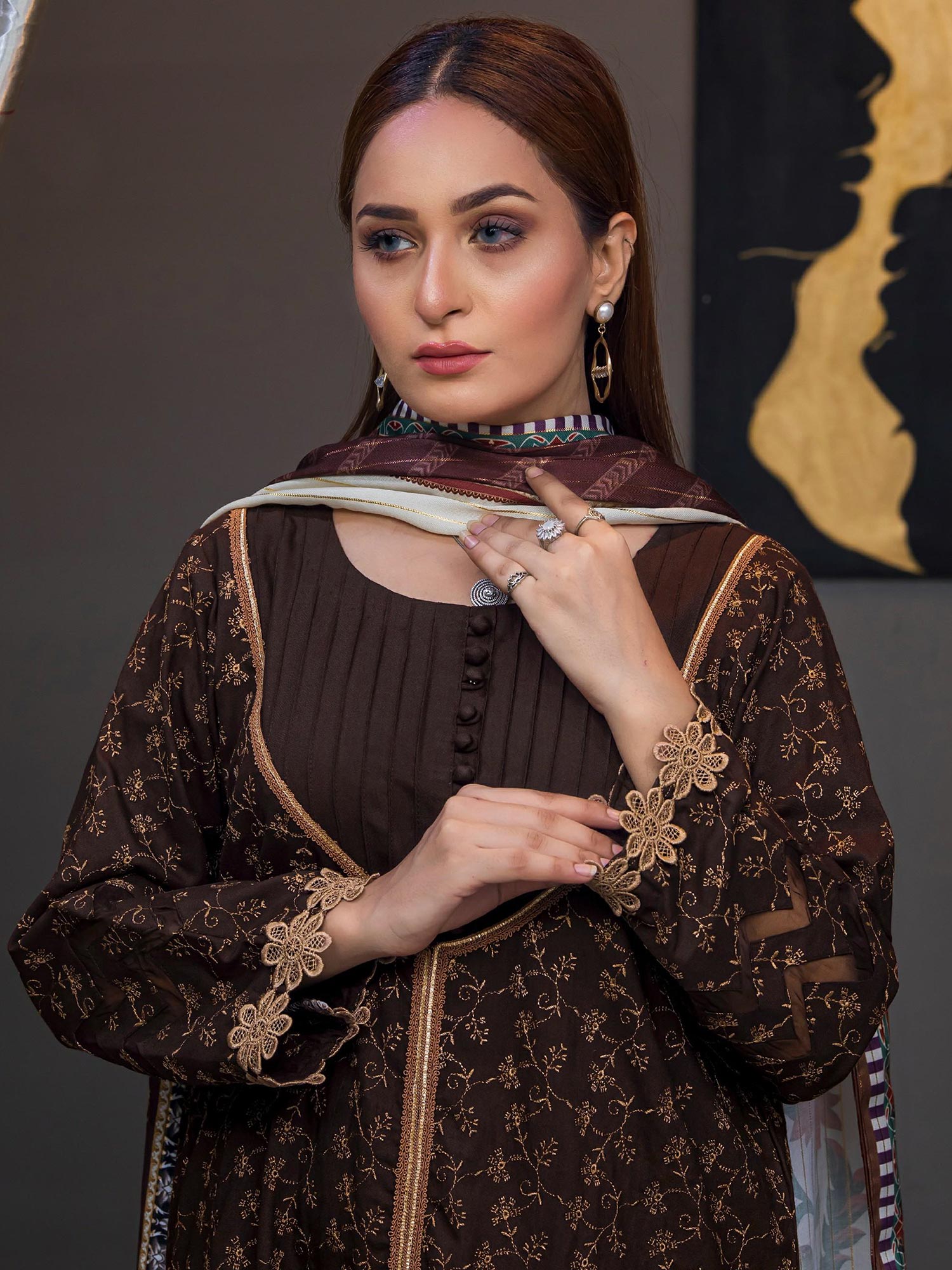 Rangz Brown Embroidered Marina Suit with Printed Shawl