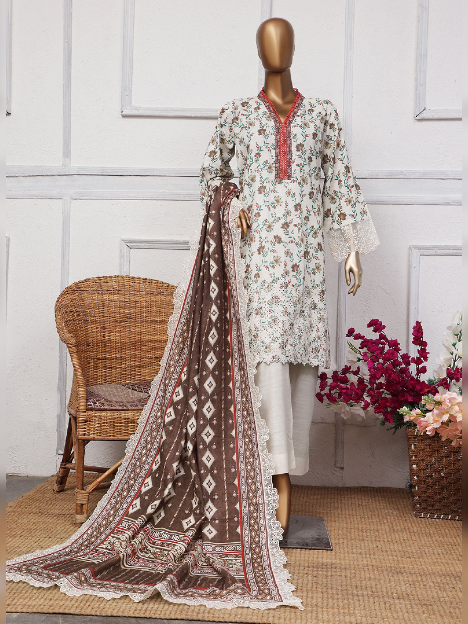 Off-White Schiffli Embroidered Khaddar Casual 3-Piece Suit