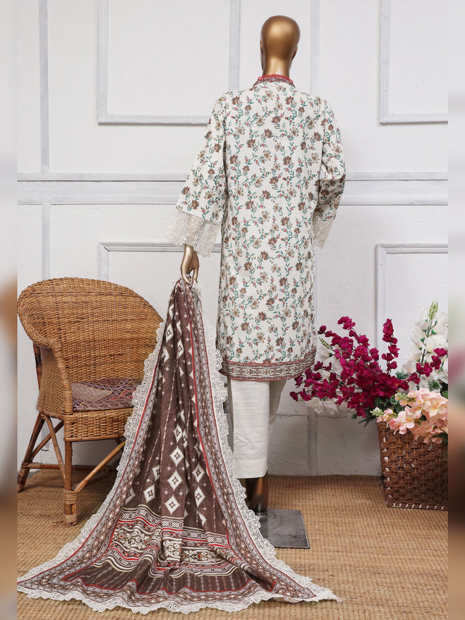 Off-White Schiffli Embroidered Khaddar Casual 3-Piece Suit