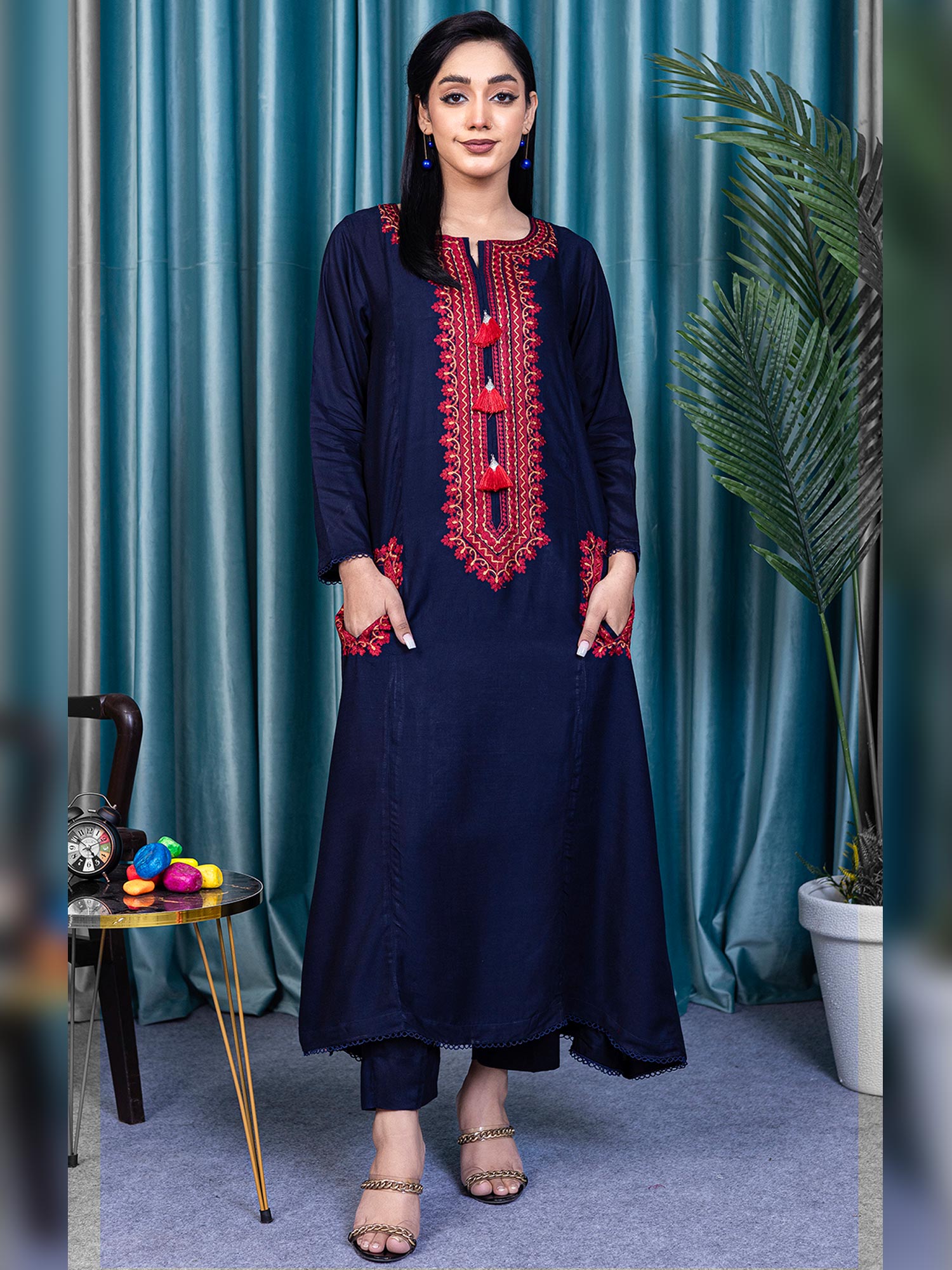 Rangz Embroidered Linen 2-Piece Pockets Suit - Navy (D01)