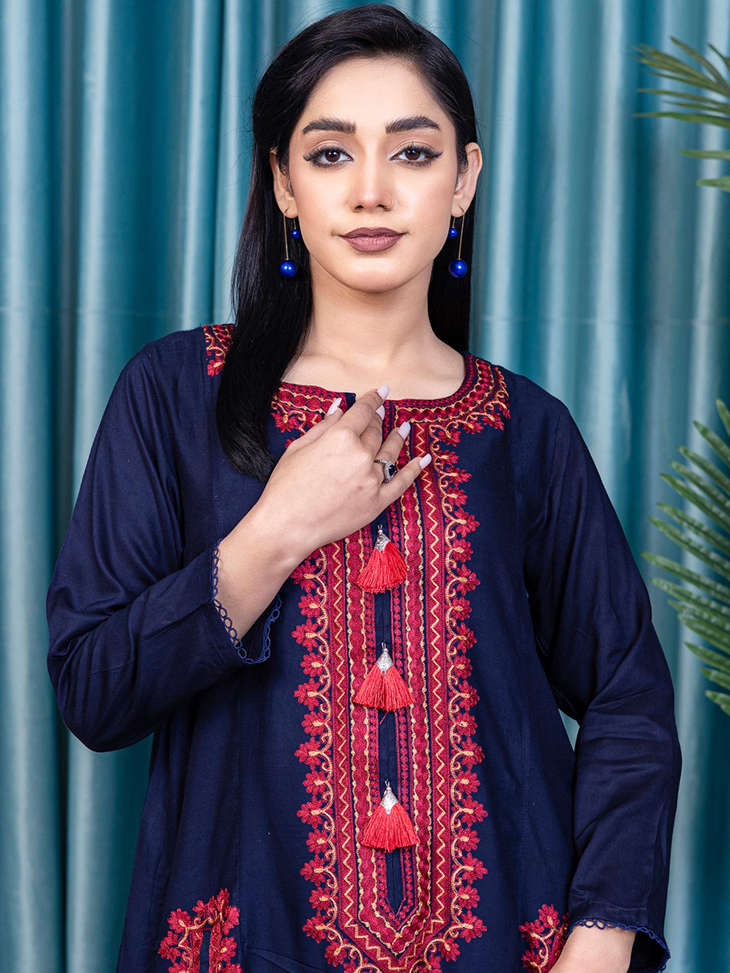 Rangz Embroidered Linen 2-Piece Pockets Suit - Navy (D01)