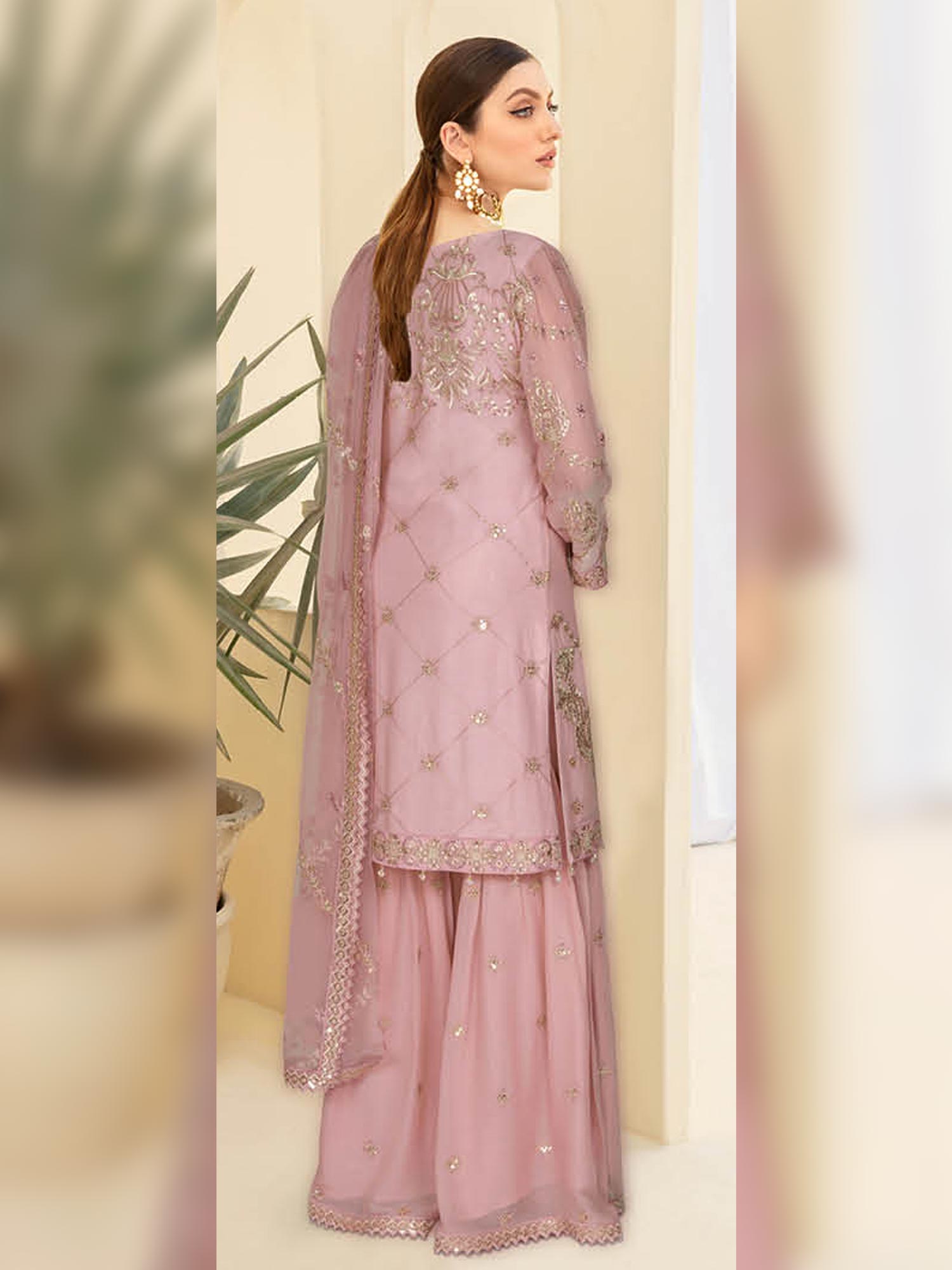 Ramsha "Kashish" Luxury Embroidered Chiffon Gharara Suit - Pink