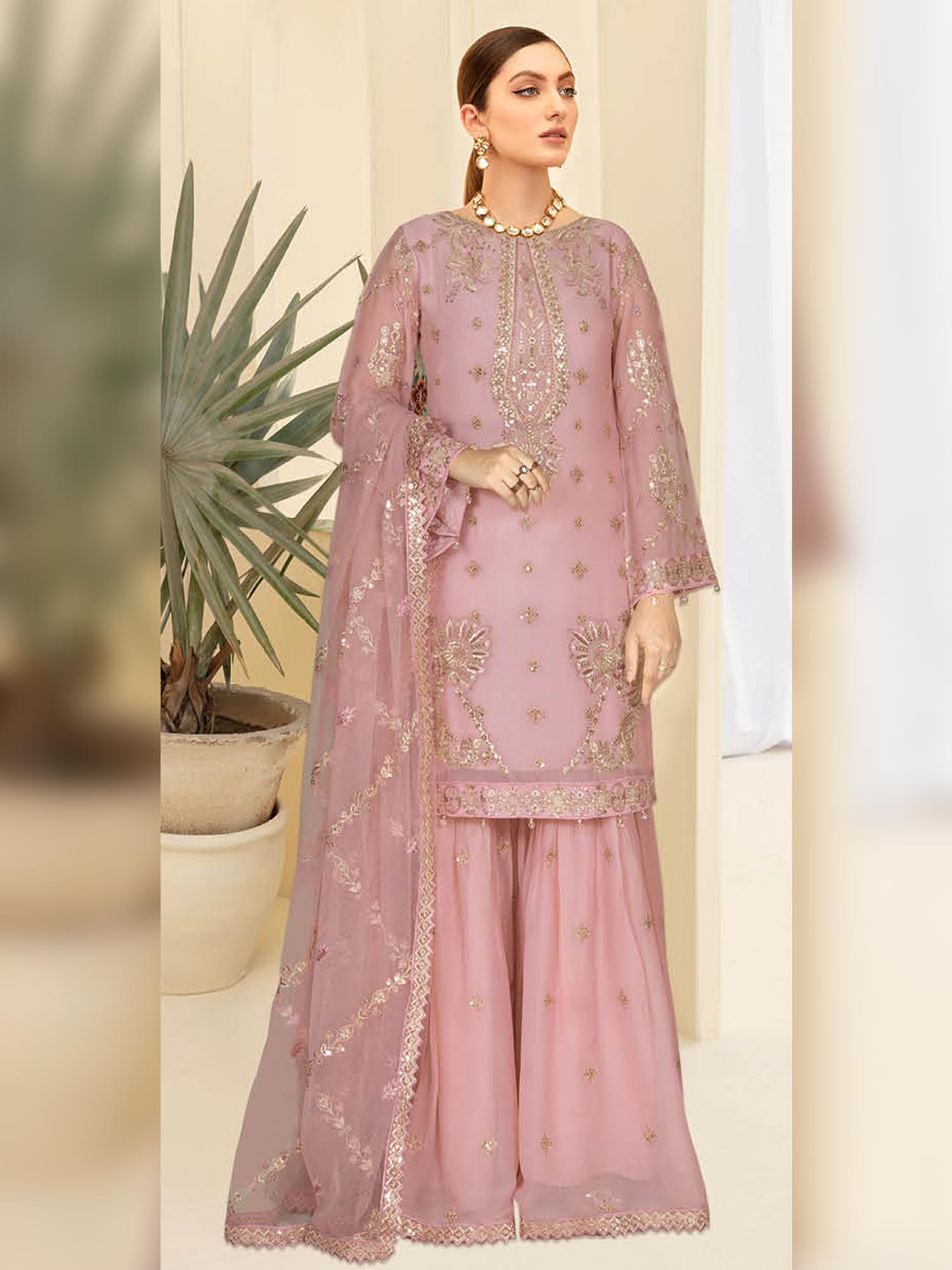 Ramsha "Kashish" Luxury Embroidered Chiffon Gharara Suit - Pink