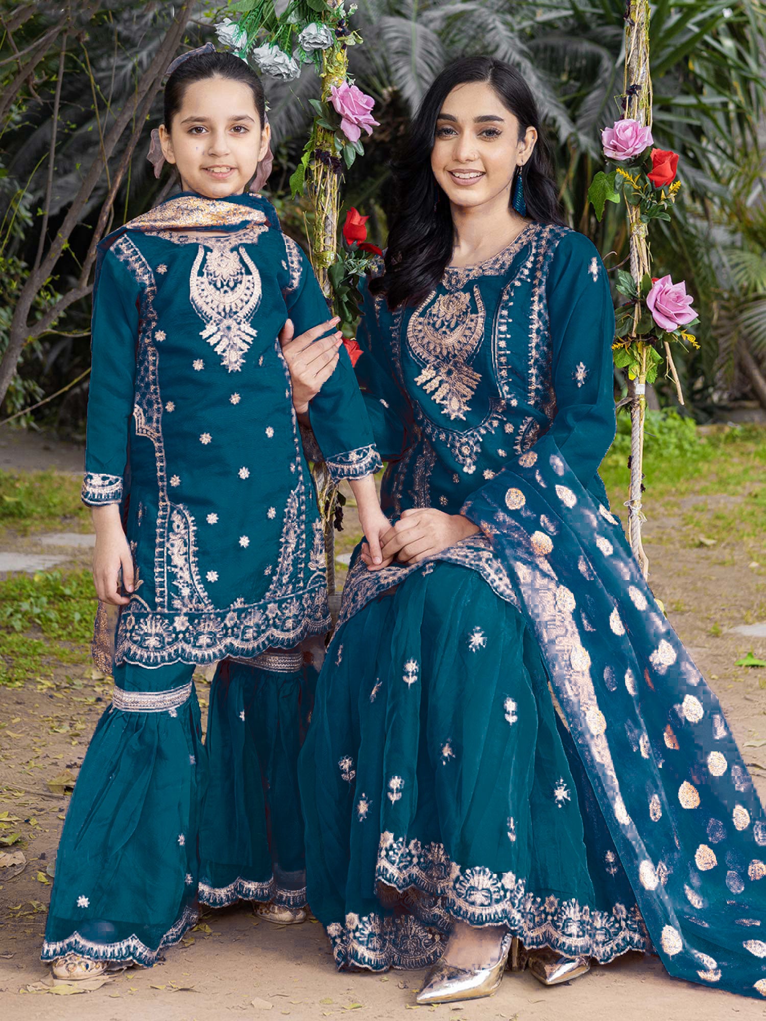 Rangz Organza Mother-Daughter Gharara Suit - Teal