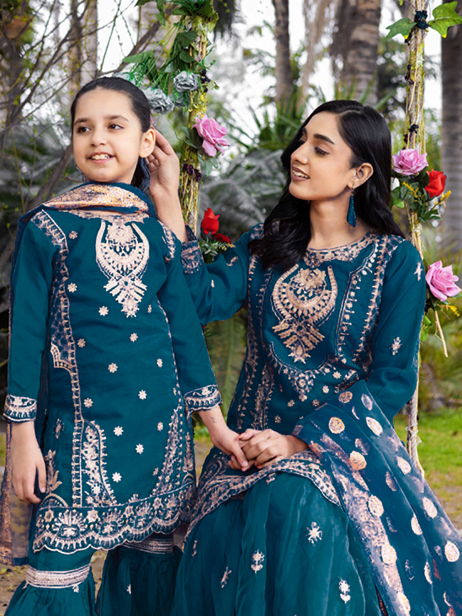 Rangz Organza Mother-Daughter Gharara Suit - Teal