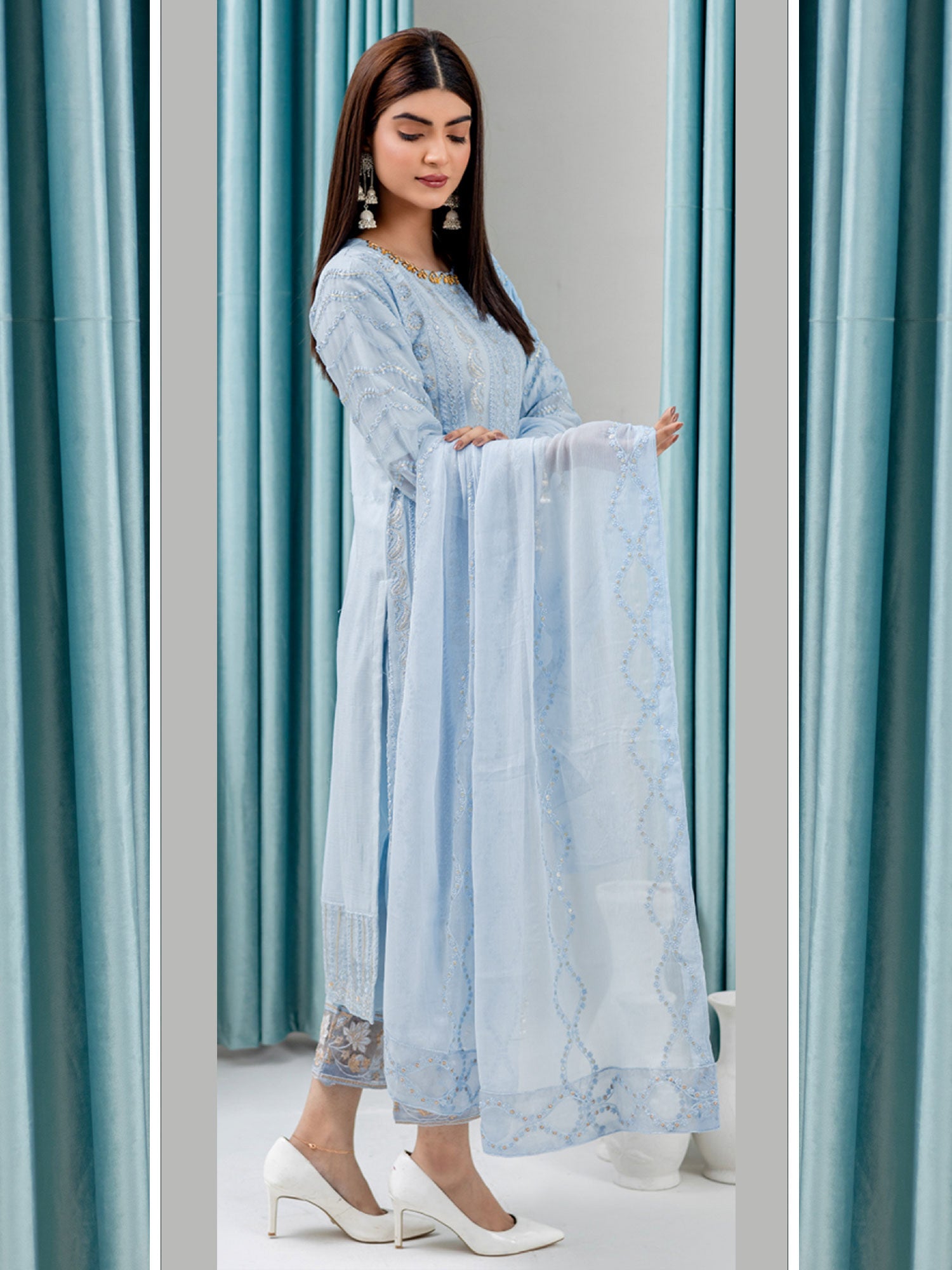 Rangz Luxury Embroidered Chiffon Suit - Blue-Grey