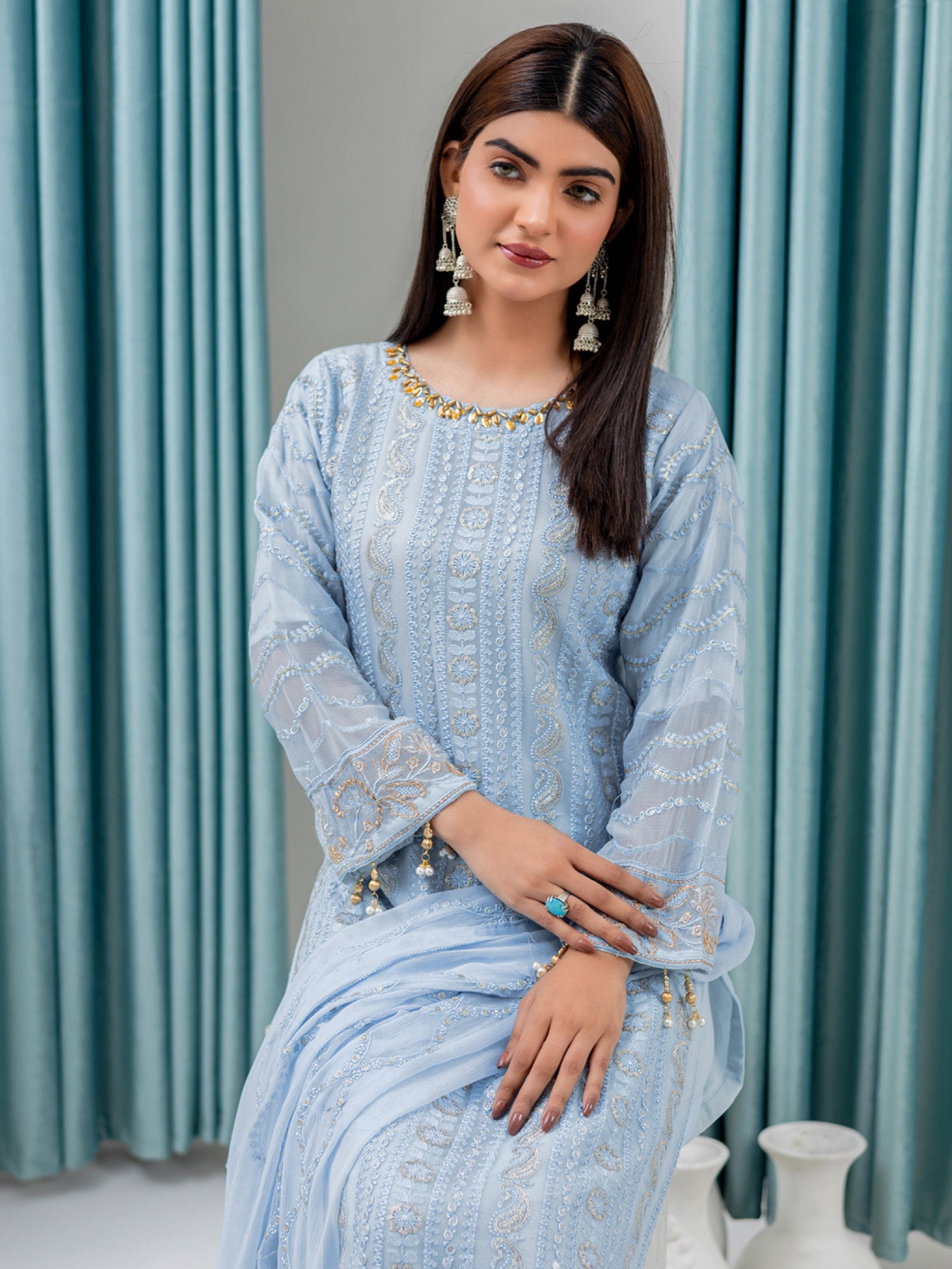 Rangz Luxury Embroidered Chiffon Suit - Blue-Grey