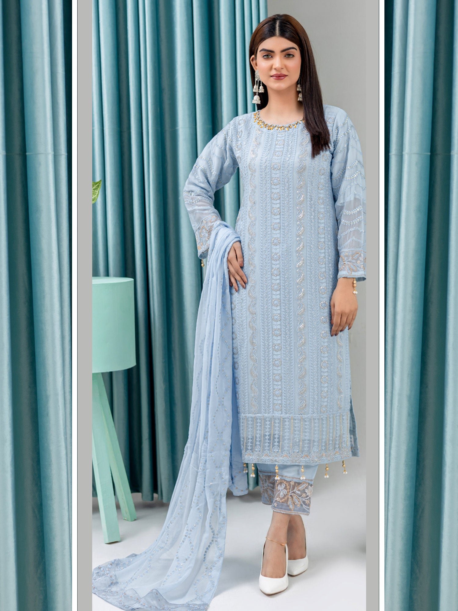 Rangz Luxury Embroidered Chiffon Suit - Blue-Grey