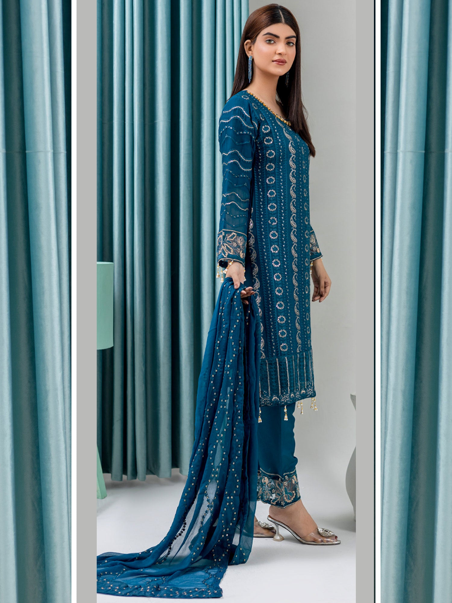 Rangz Luxury Embroidered Chiffon Suit - Teal