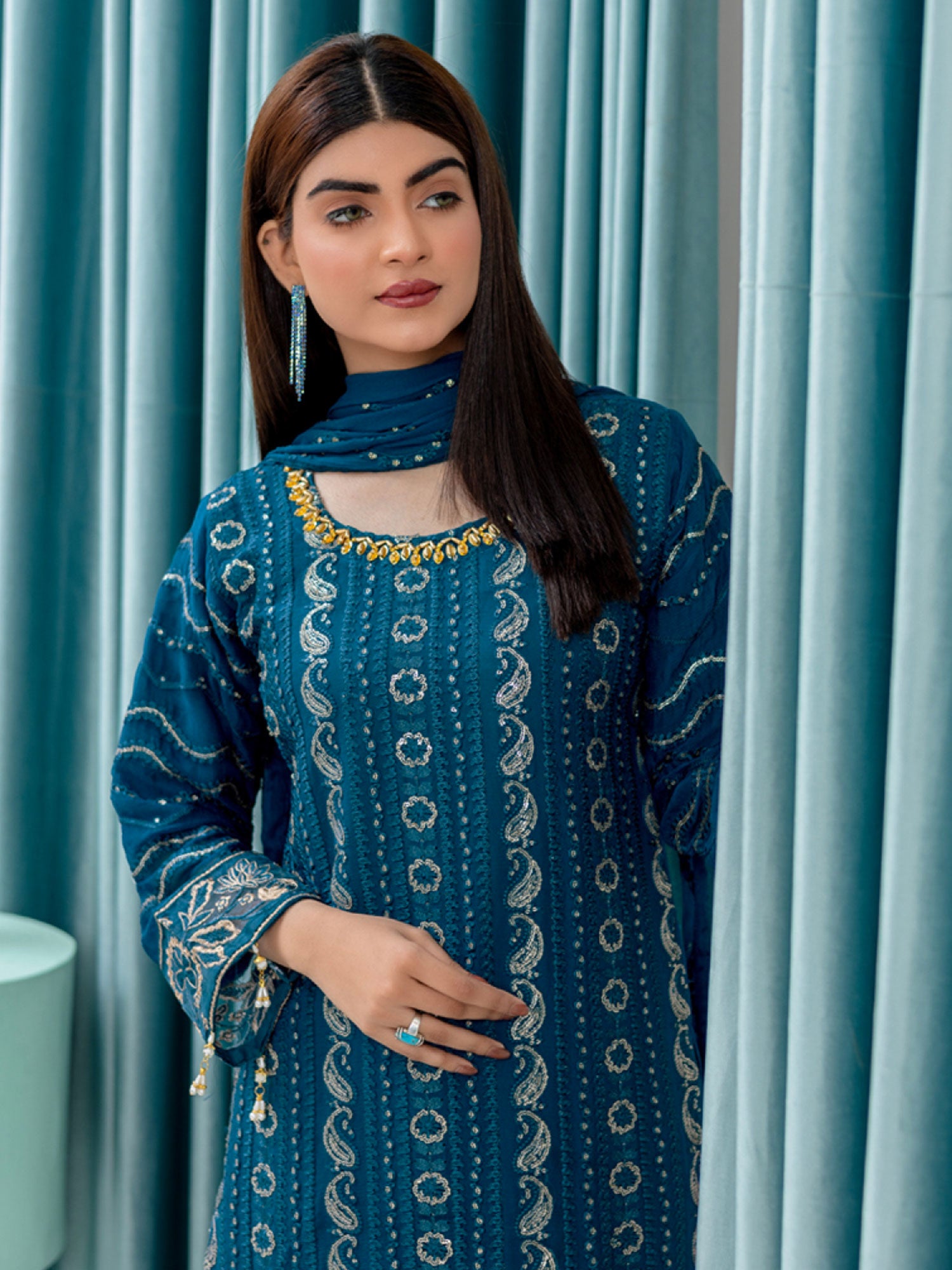 Rangz Luxury Embroidered Chiffon Suit - Teal