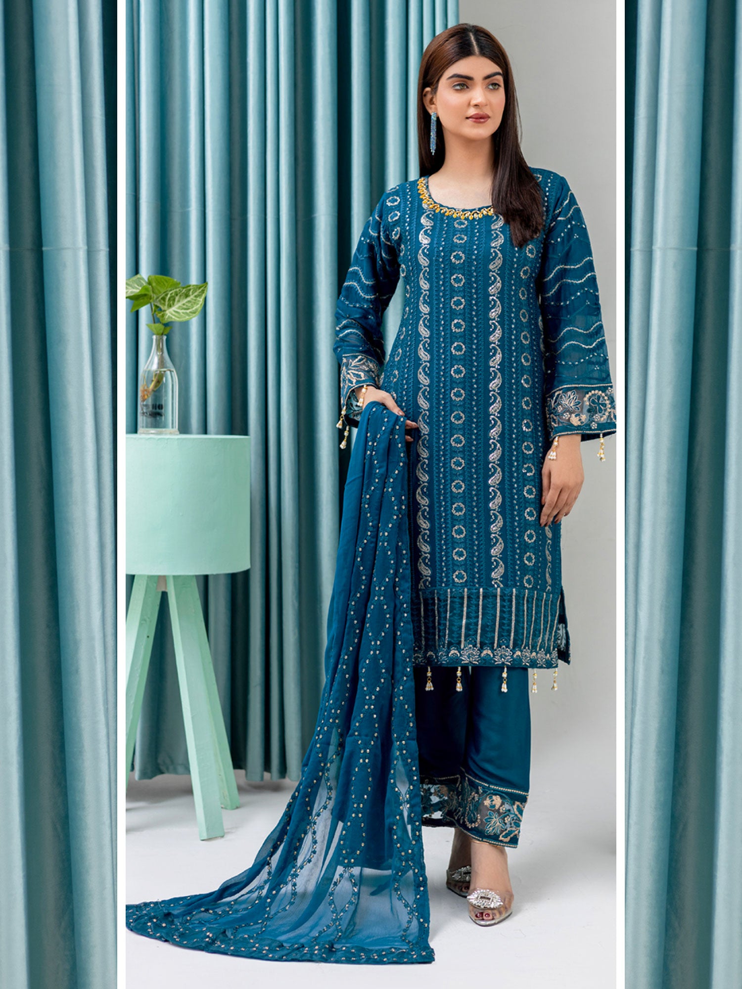 Rangz Luxury Embroidered Chiffon Suit - Teal