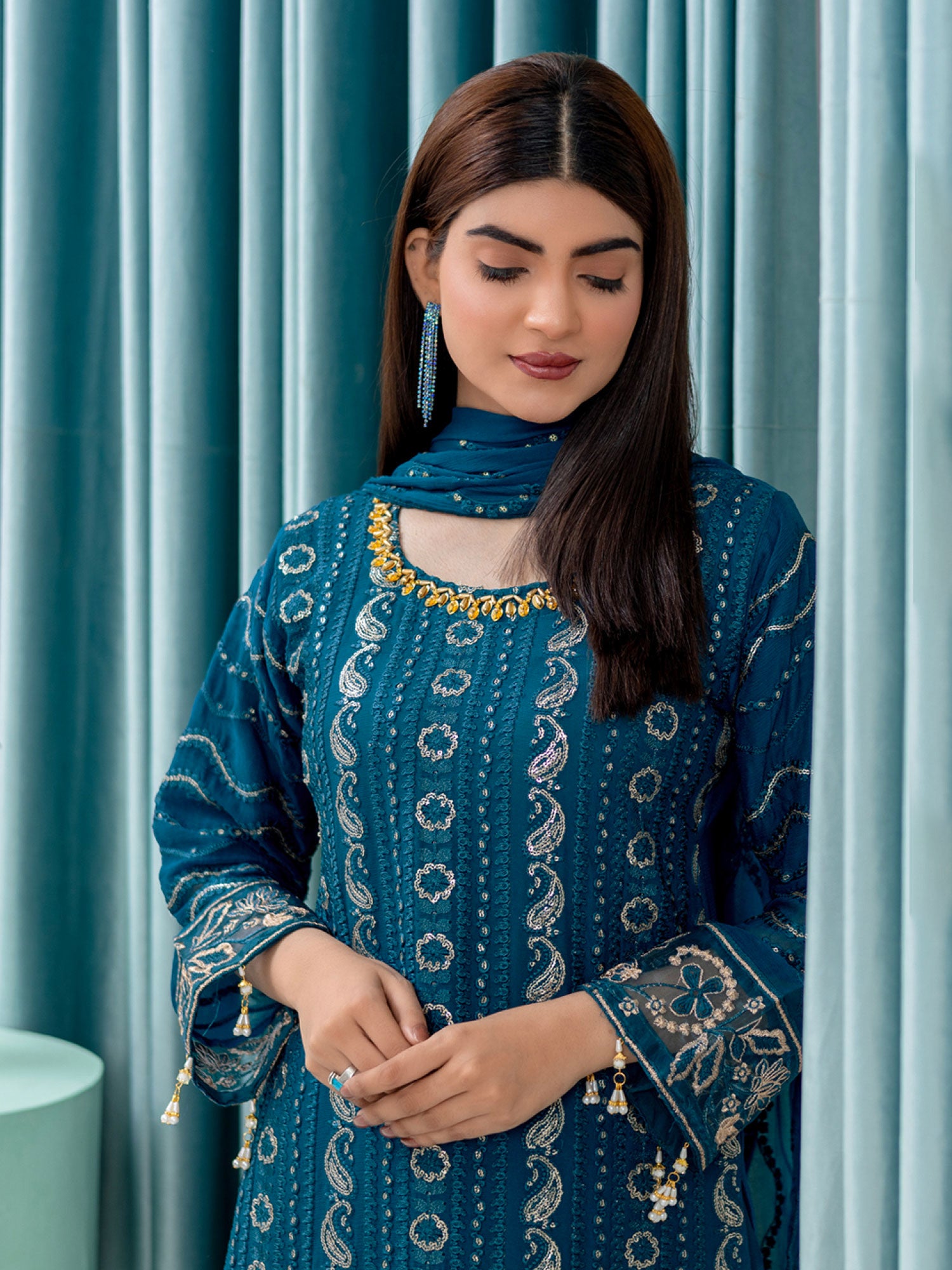 Rangz Luxury Embroidered Chiffon Suit - Teal