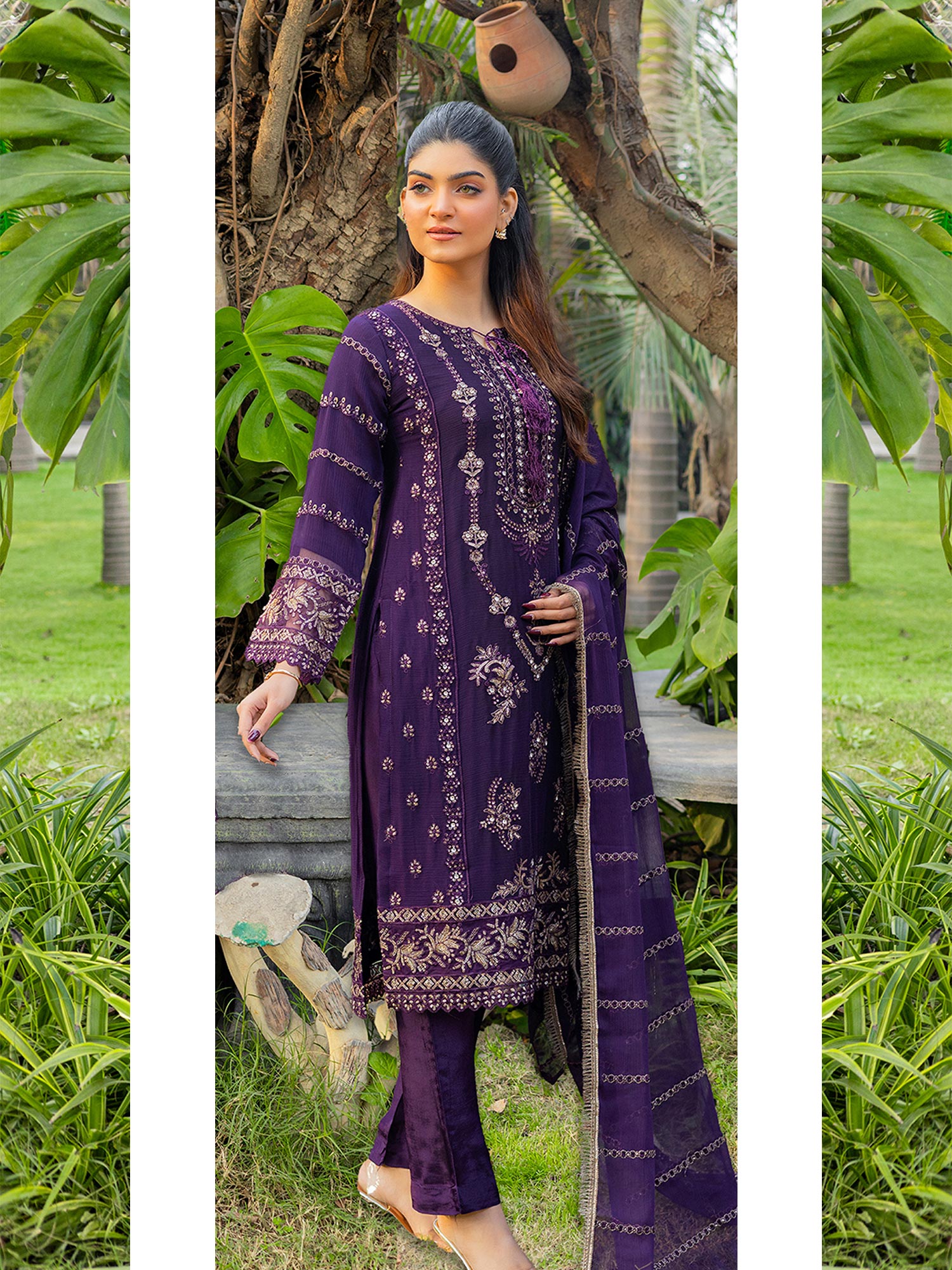 Luxury Embroidered Chiffon Suit - Purple