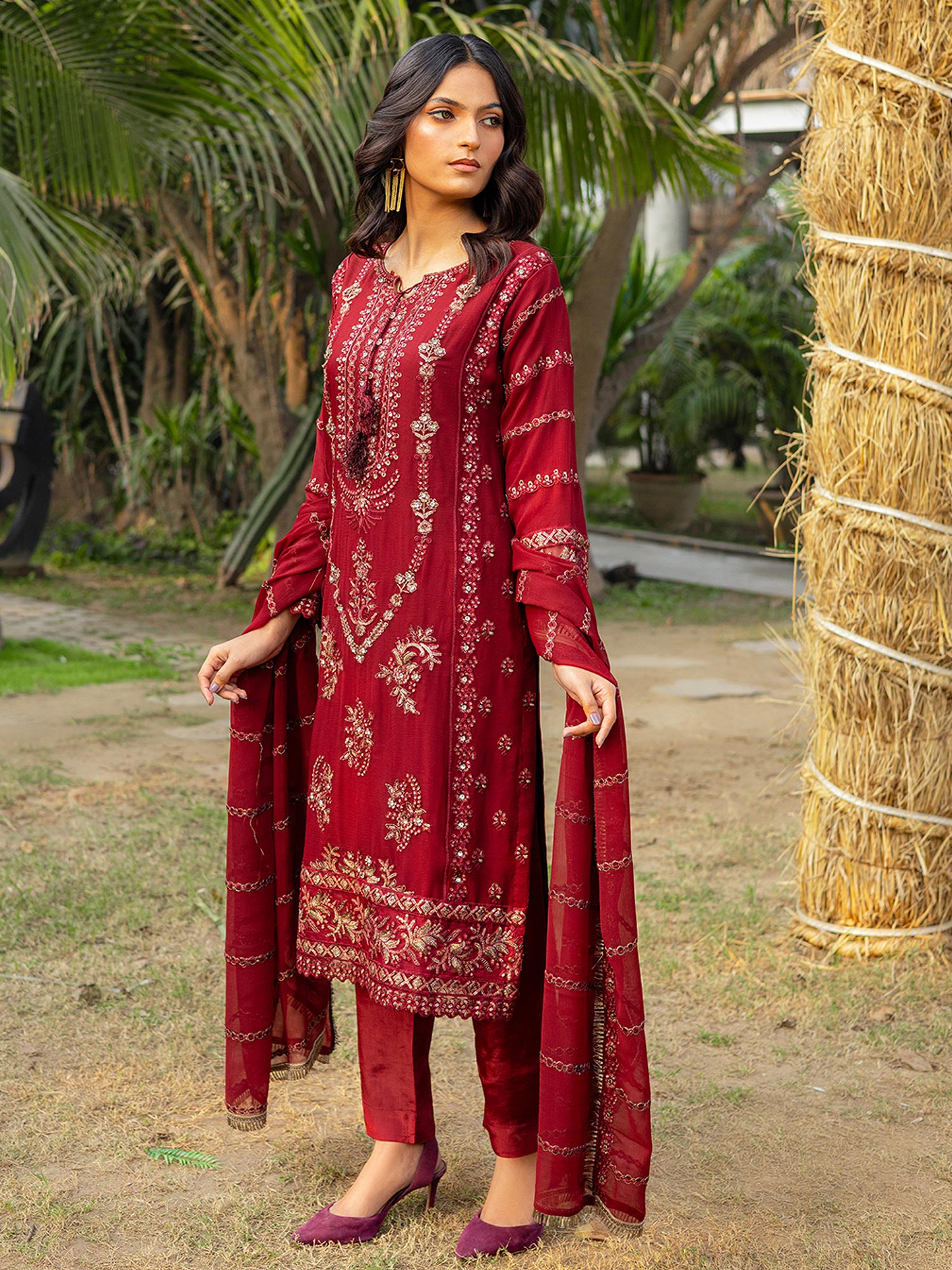 Luxury Embroidered Chiffon Suit - Dark Red