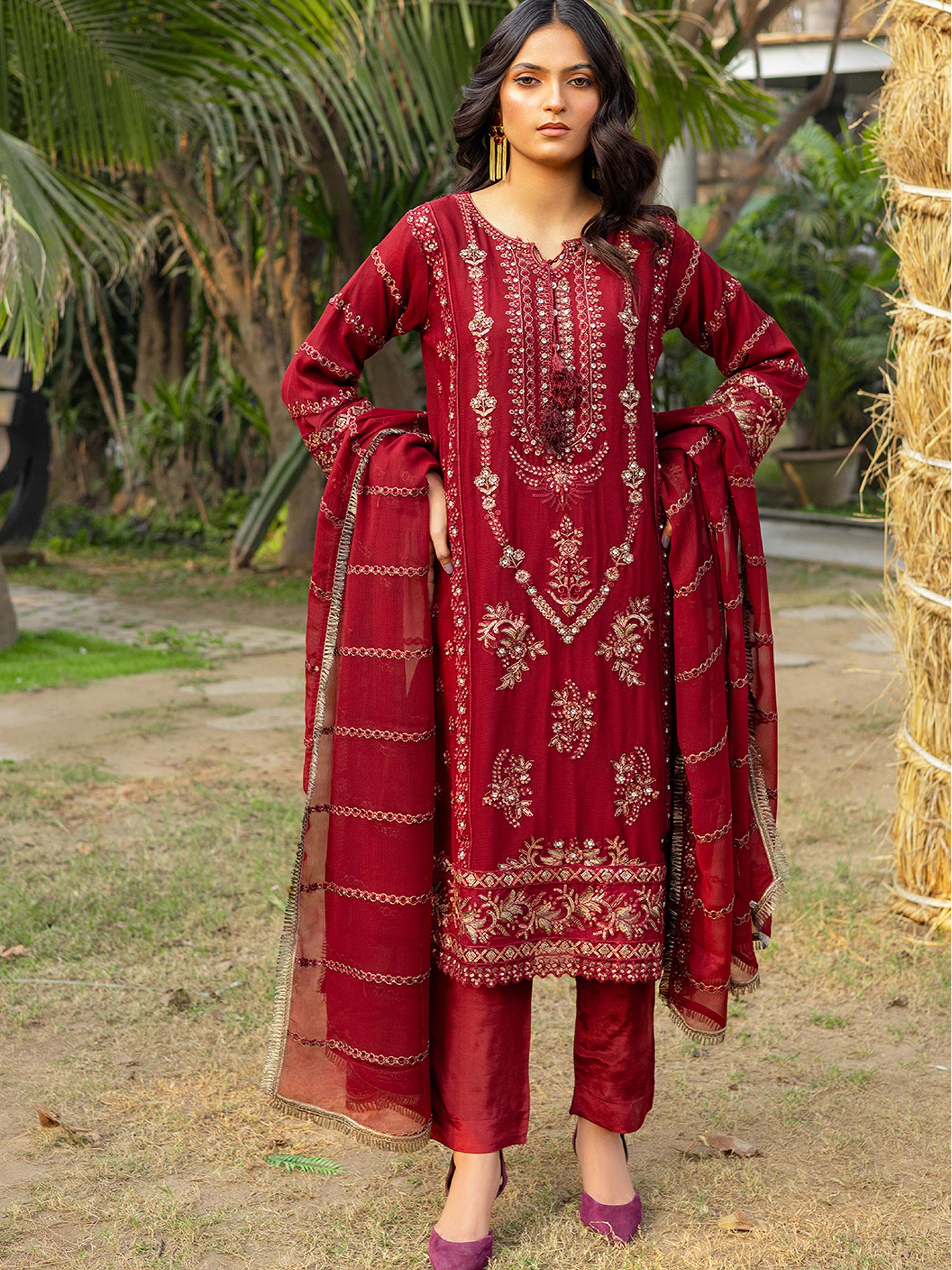 Luxury Embroidered Chiffon Suit - Dark Red