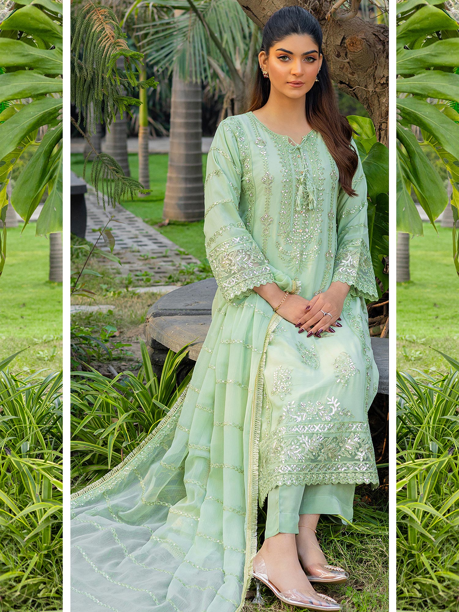 Luxury Embroidered Chiffon Suit - Green