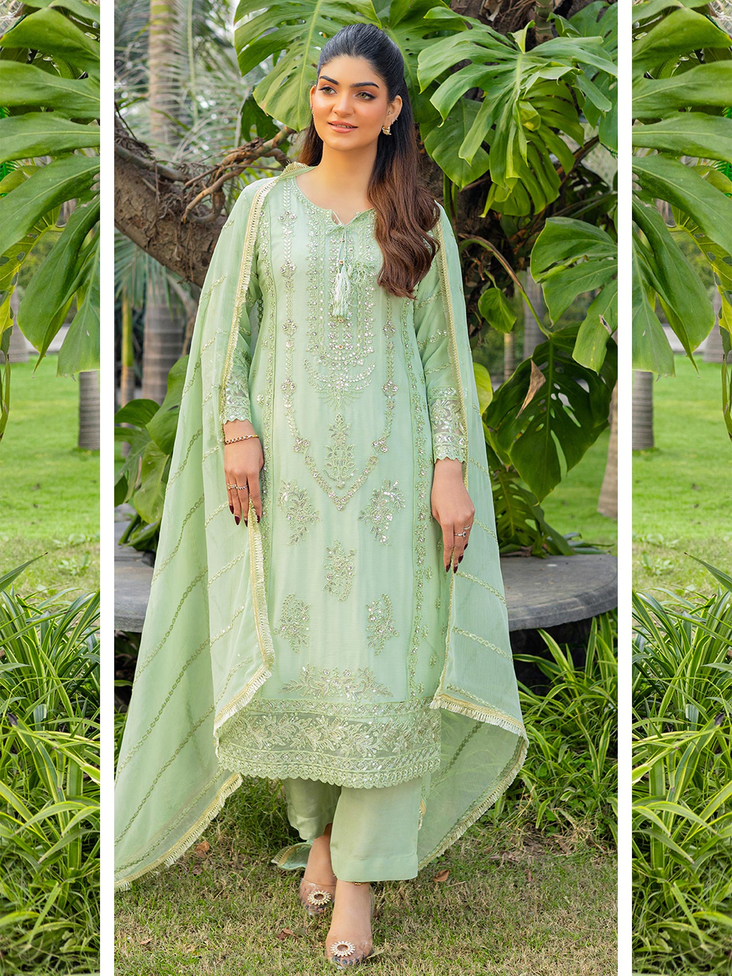 Luxury Embroidered Chiffon Suit - Green