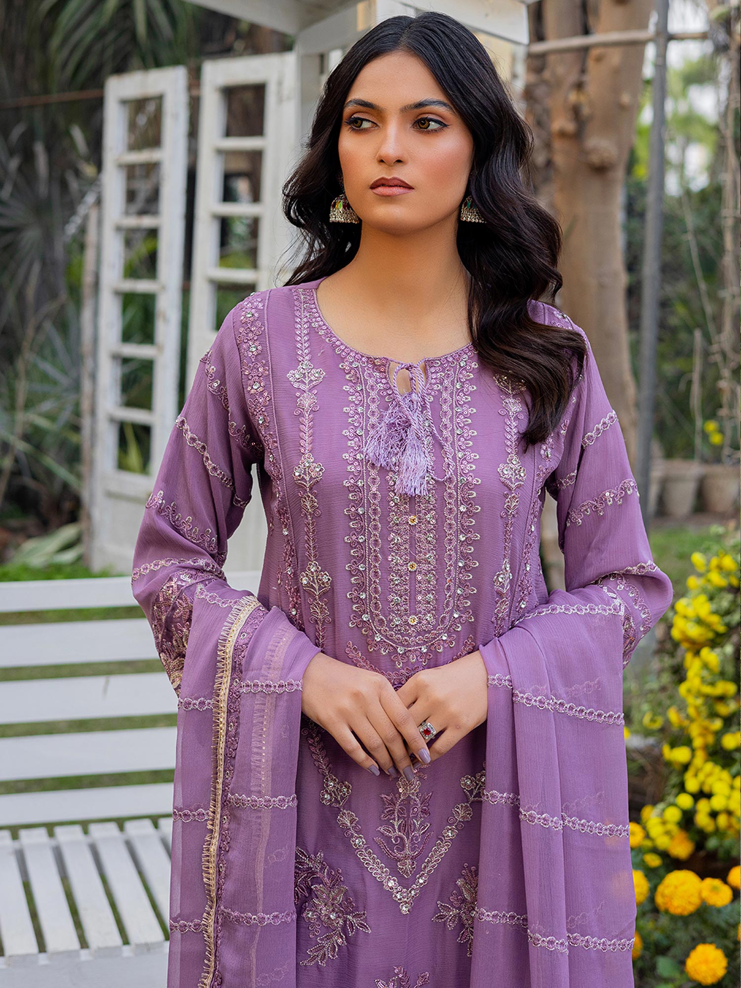 Luxury Embroidered Chiffon Suit - Lilac