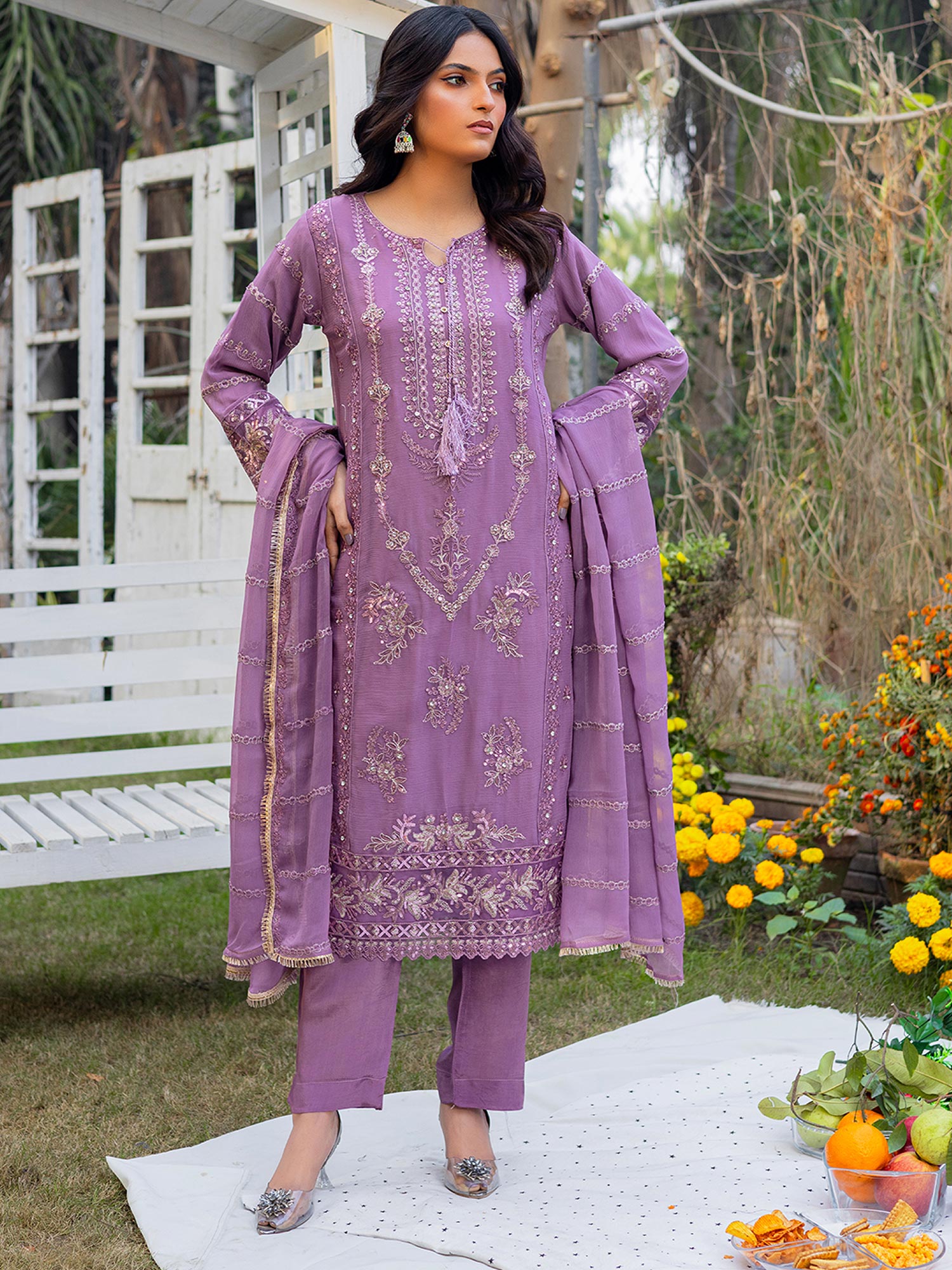 Luxury Embroidered Chiffon Suit - Lilac