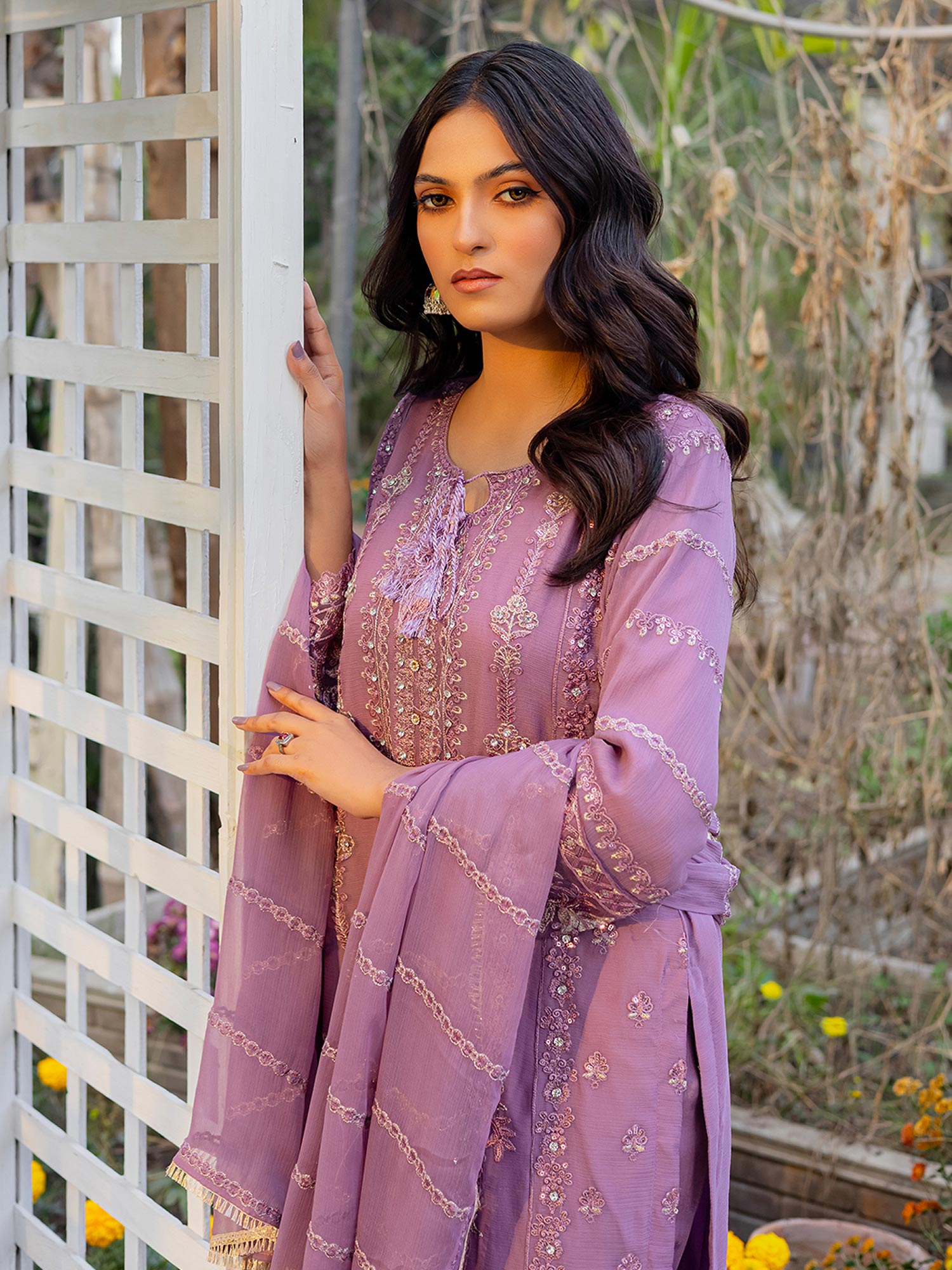 Luxury Embroidered Chiffon Suit - Lilac