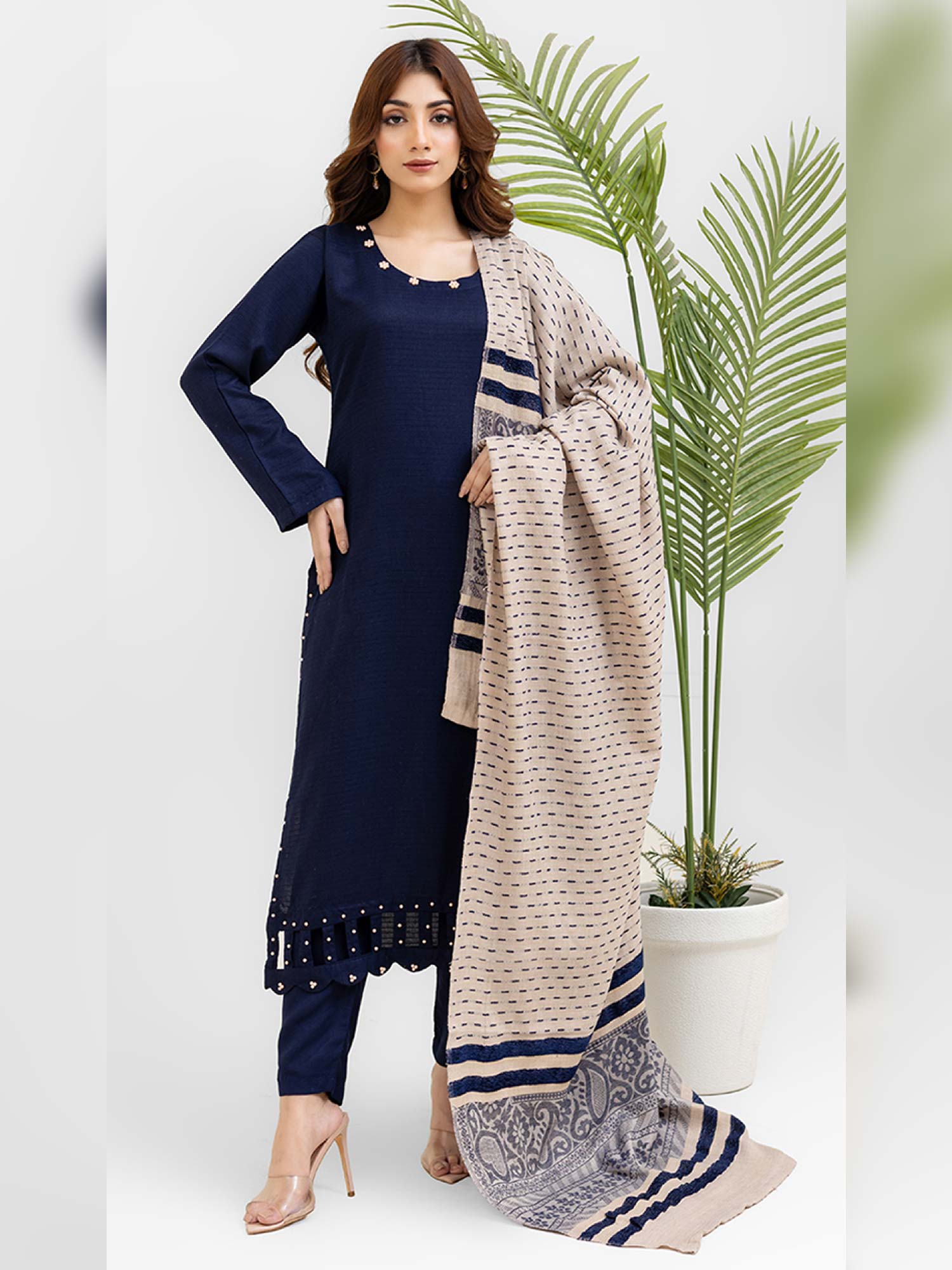 Rangz Navy Winter Dhanak Suit with Kashmiri Wool Shawl