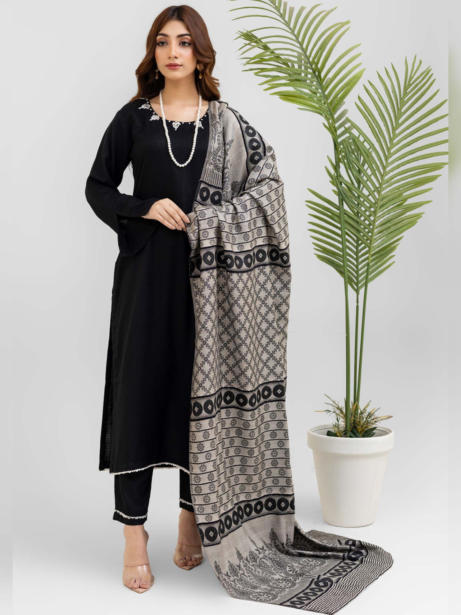 Rangz Black Winter Dhanak Suit with Kashmiri Wool Shawl