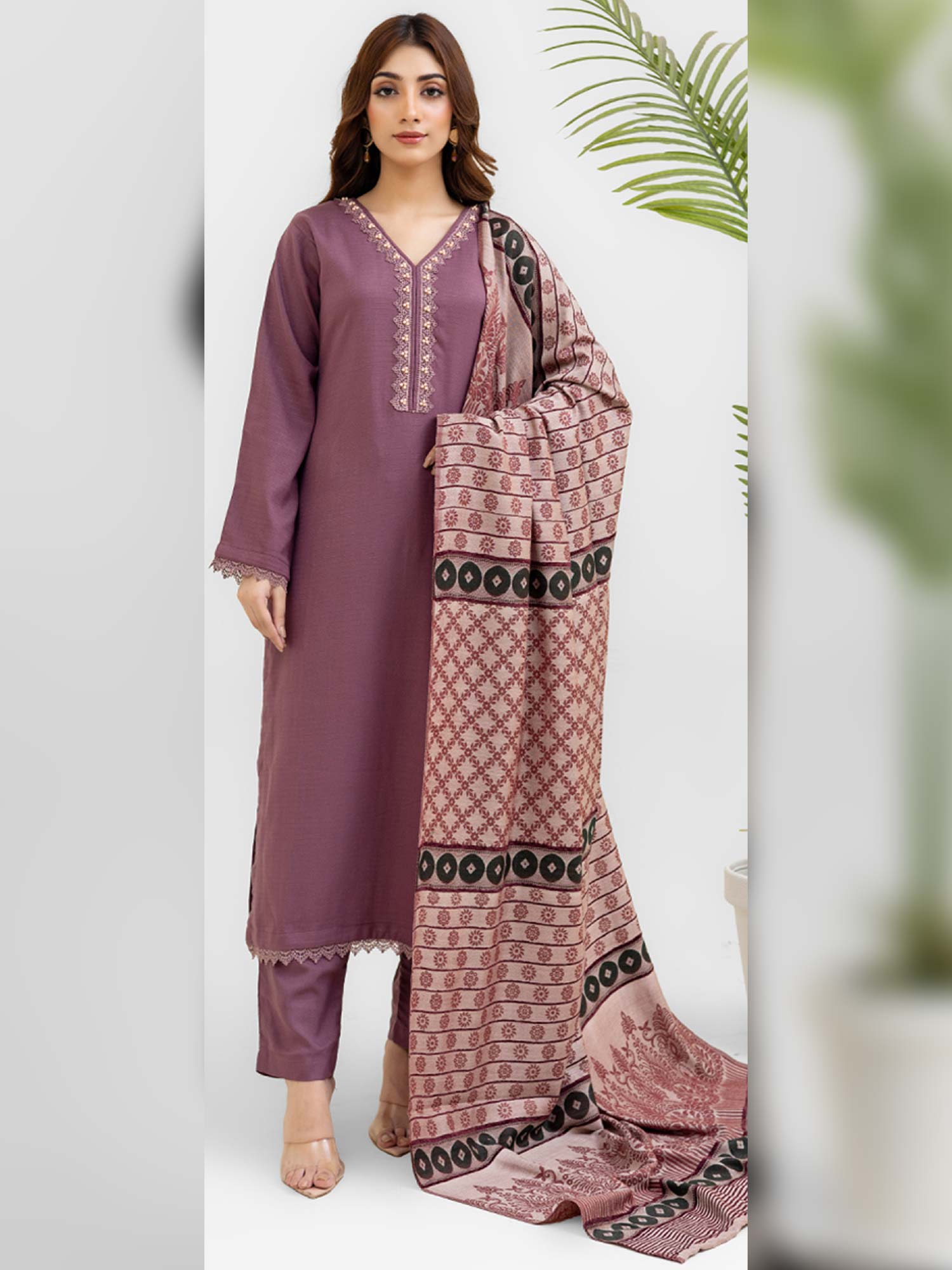 Rangz Mauve Winter Dhanak Suit with Kashmiri Wool Shawl