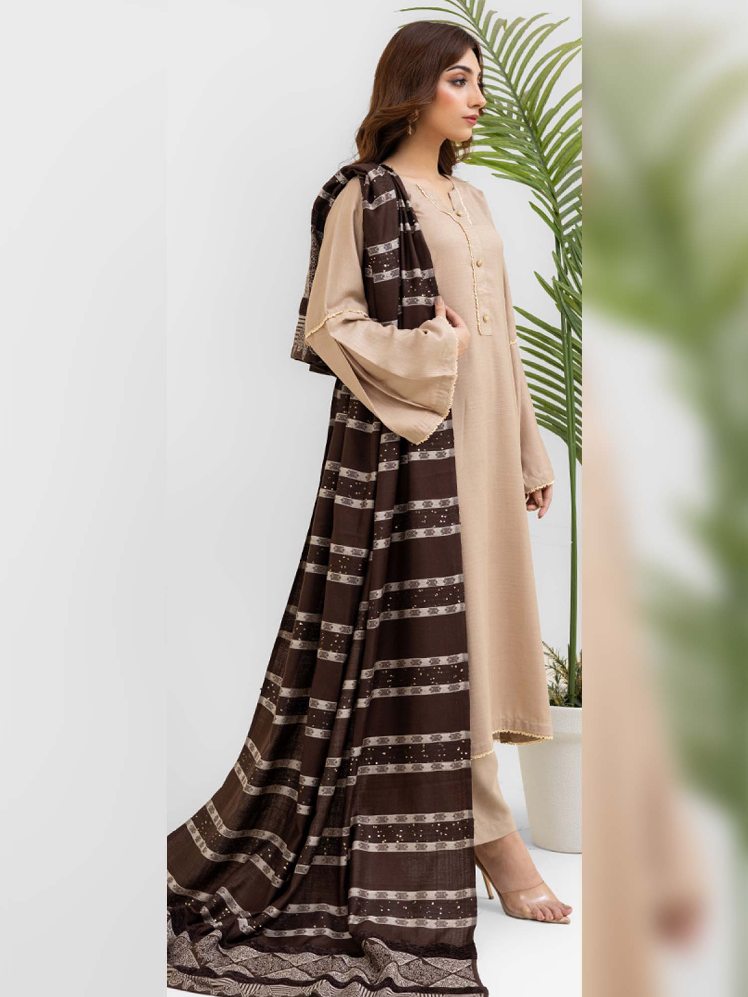 Rangz Beige Winter Dhanak Suit with Kashmiri Wool Shawl