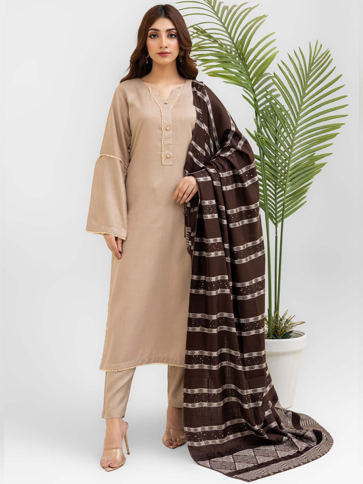 Rangz Beige Winter Dhanak Suit with Kashmiri Wool Shawl