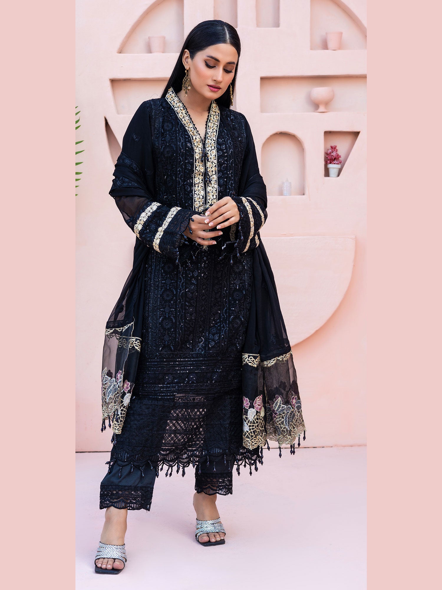 Rangz "Zara" Luxury Embroidered Chiffon Suit - Black