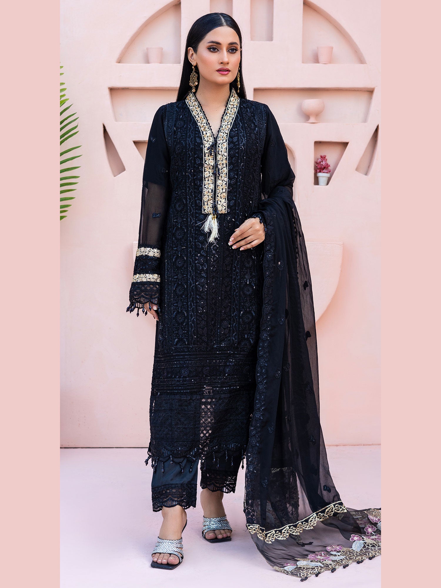 Rangz "Zara" Luxury Embroidered Chiffon Suit - Black