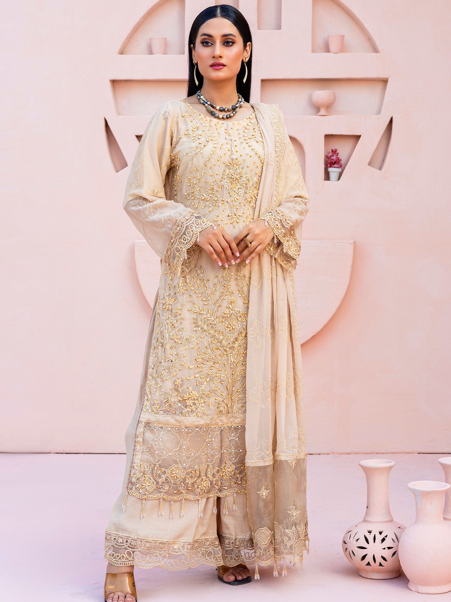 Rangz "Zara" Luxury Embroidered Chiffon Suit - Cream