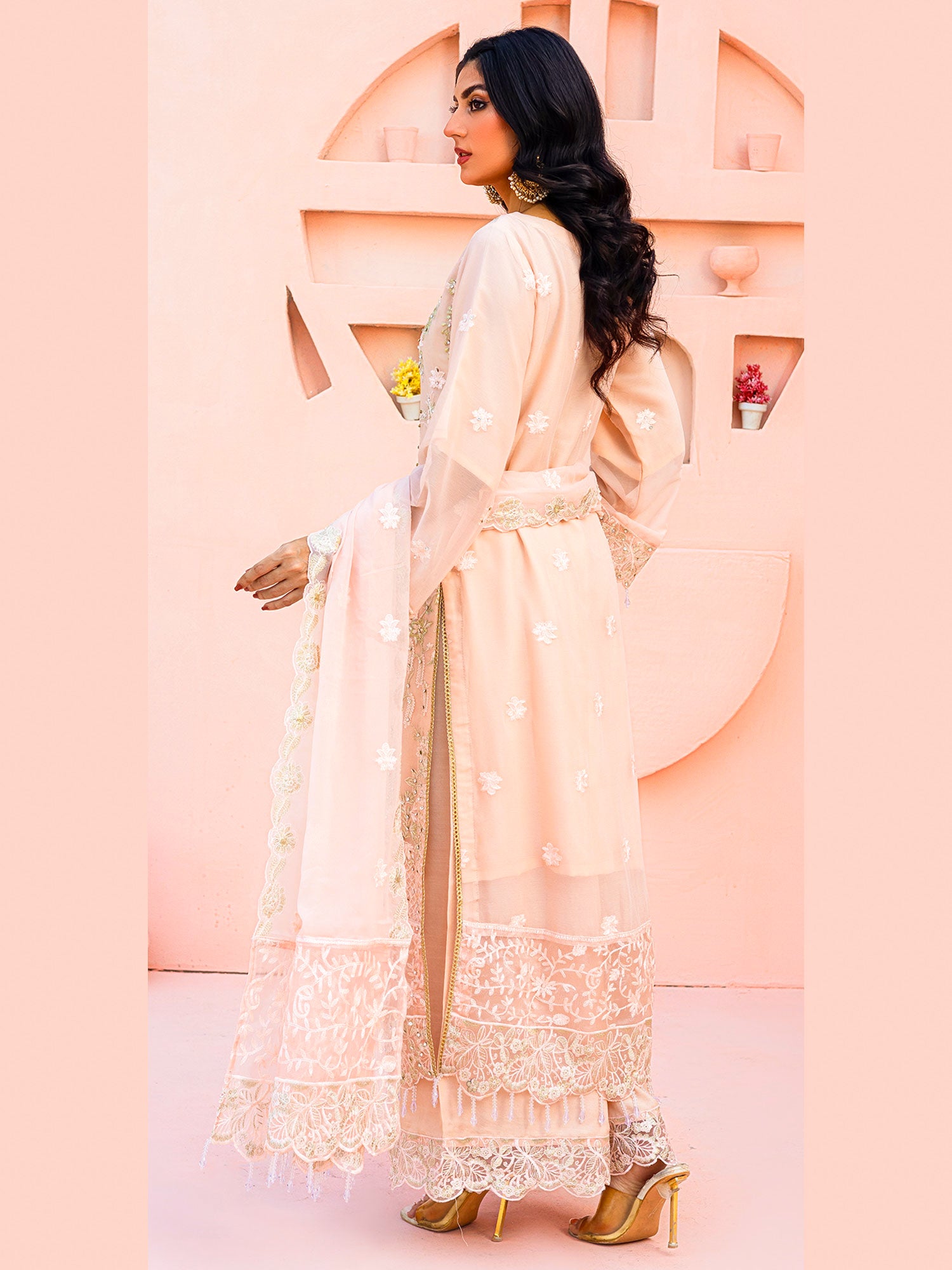 Rangz "Zara" Luxury Embroidered Chiffon Suit - Peach