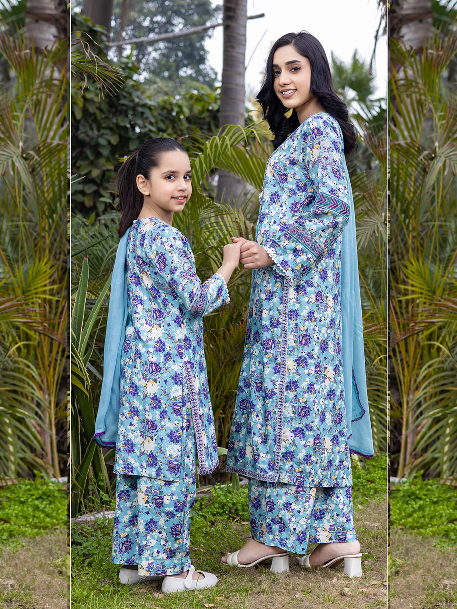 Rangz Mother-Daughter Viscose Printed 3-Piece Suit - Light Blue