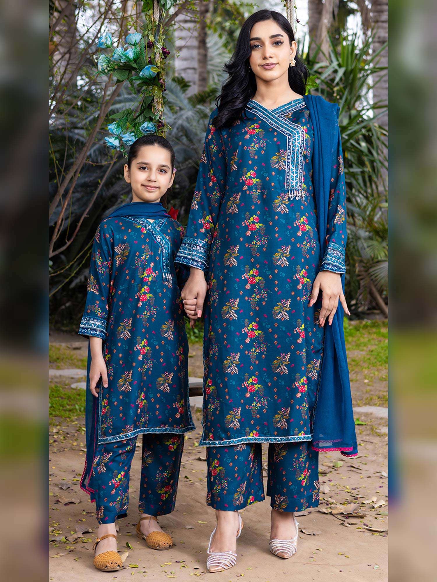 Rangz Mother-Daughter Viscose Printed 3-Piece Suit - Teal