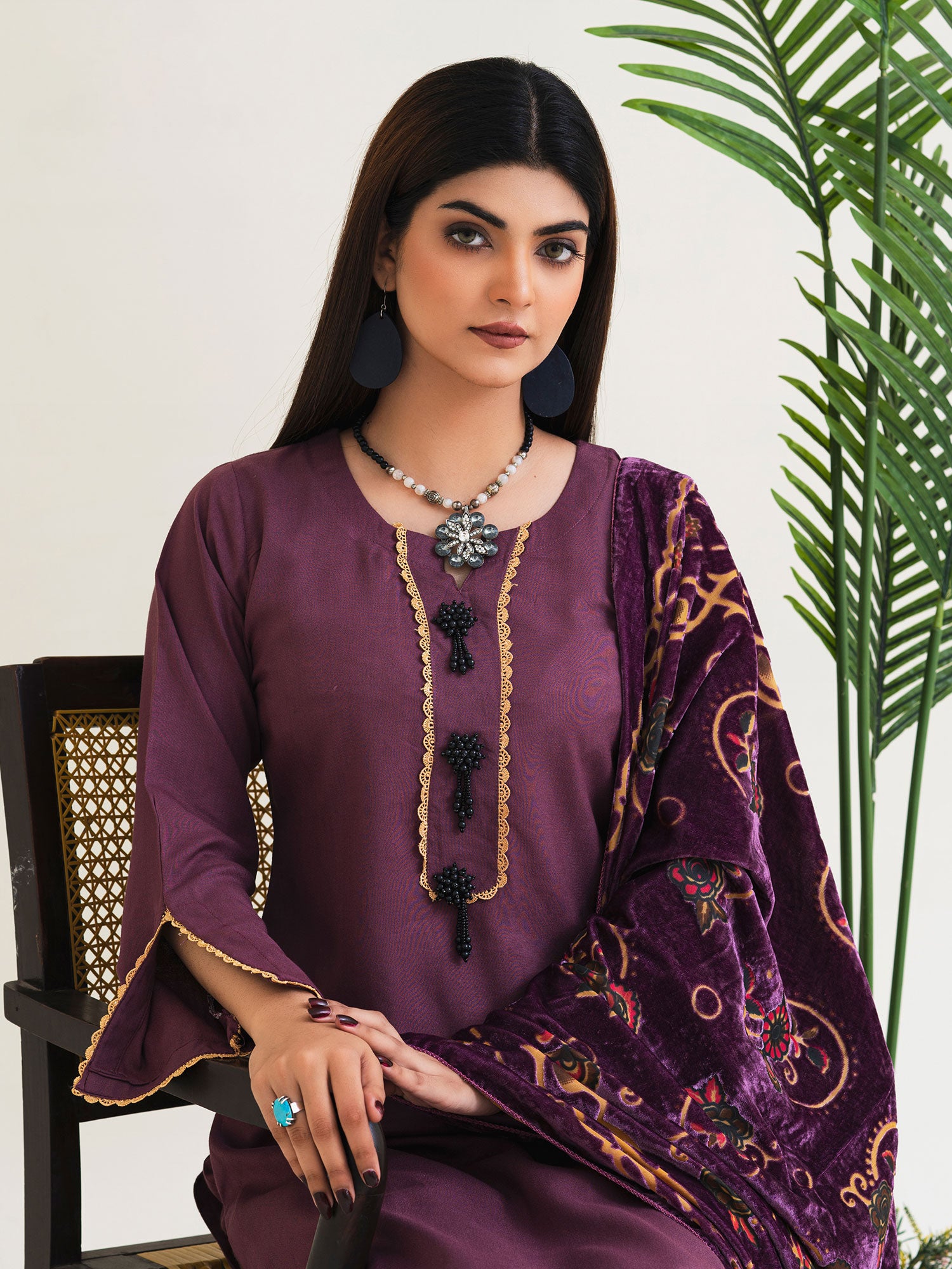 Rangz Plum Winter Dhanak Suit with Plachi Shawl