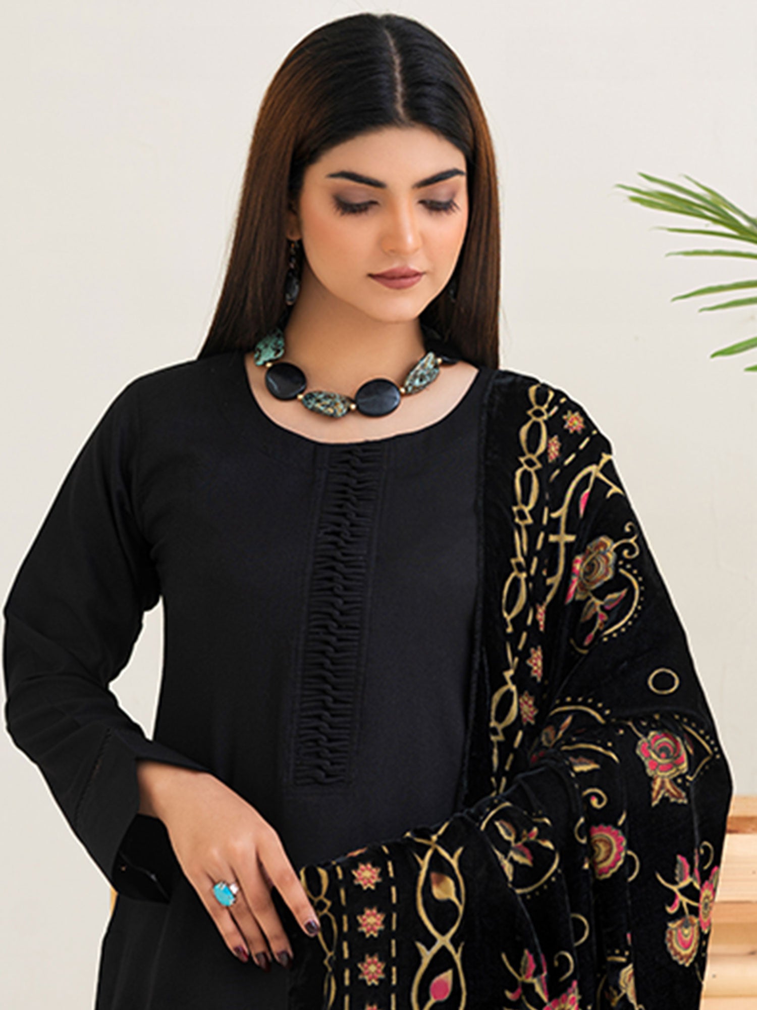 Rangz Black Winter Dhanak Suit with Plachi Shawl