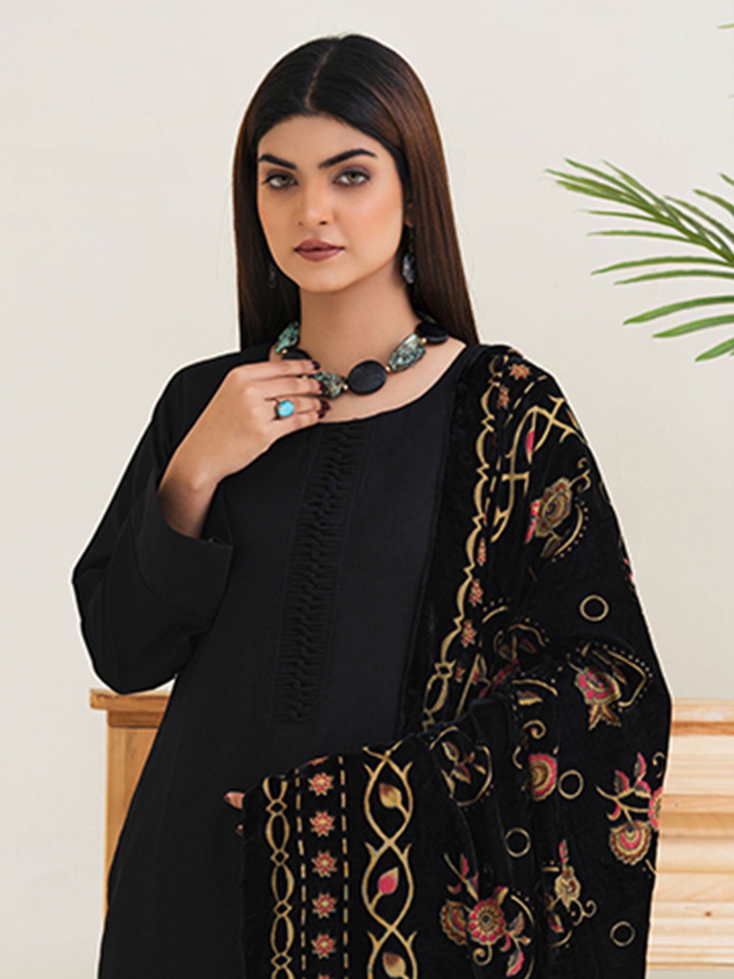 Rangz Black Winter Dhanak Suit with Plachi Shawl