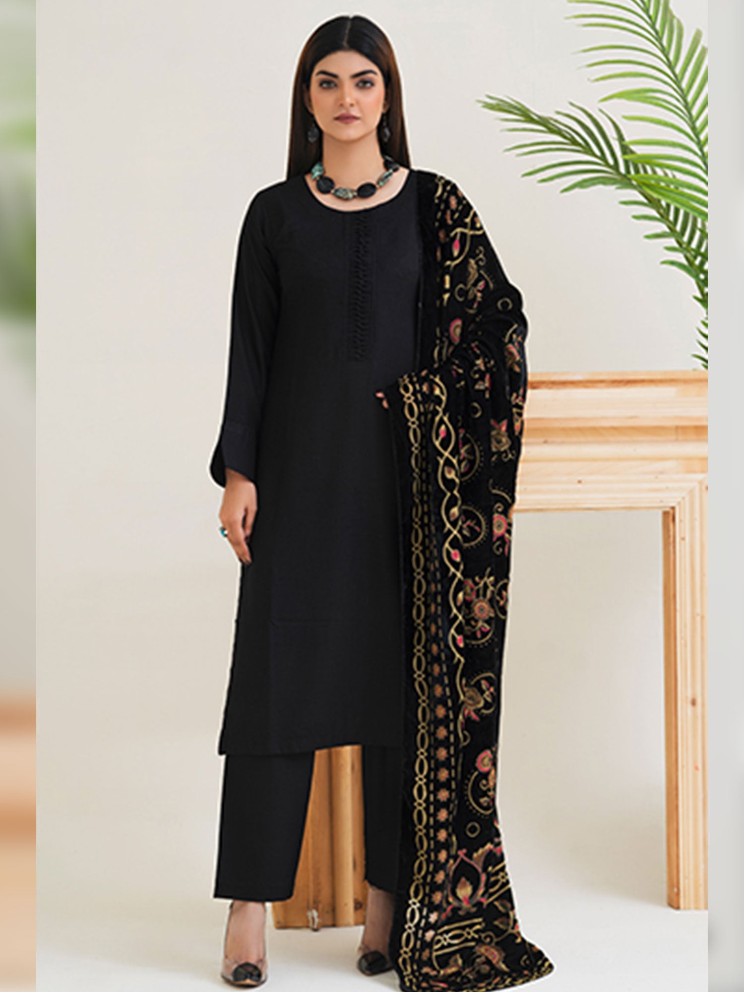 Rangz Black Winter Dhanak Suit with Plachi Shawl