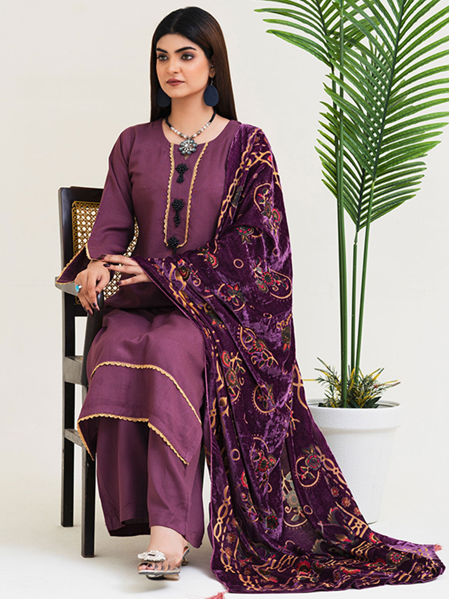 Rangz Plum Winter Dhanak Suit with Plachi Shawl