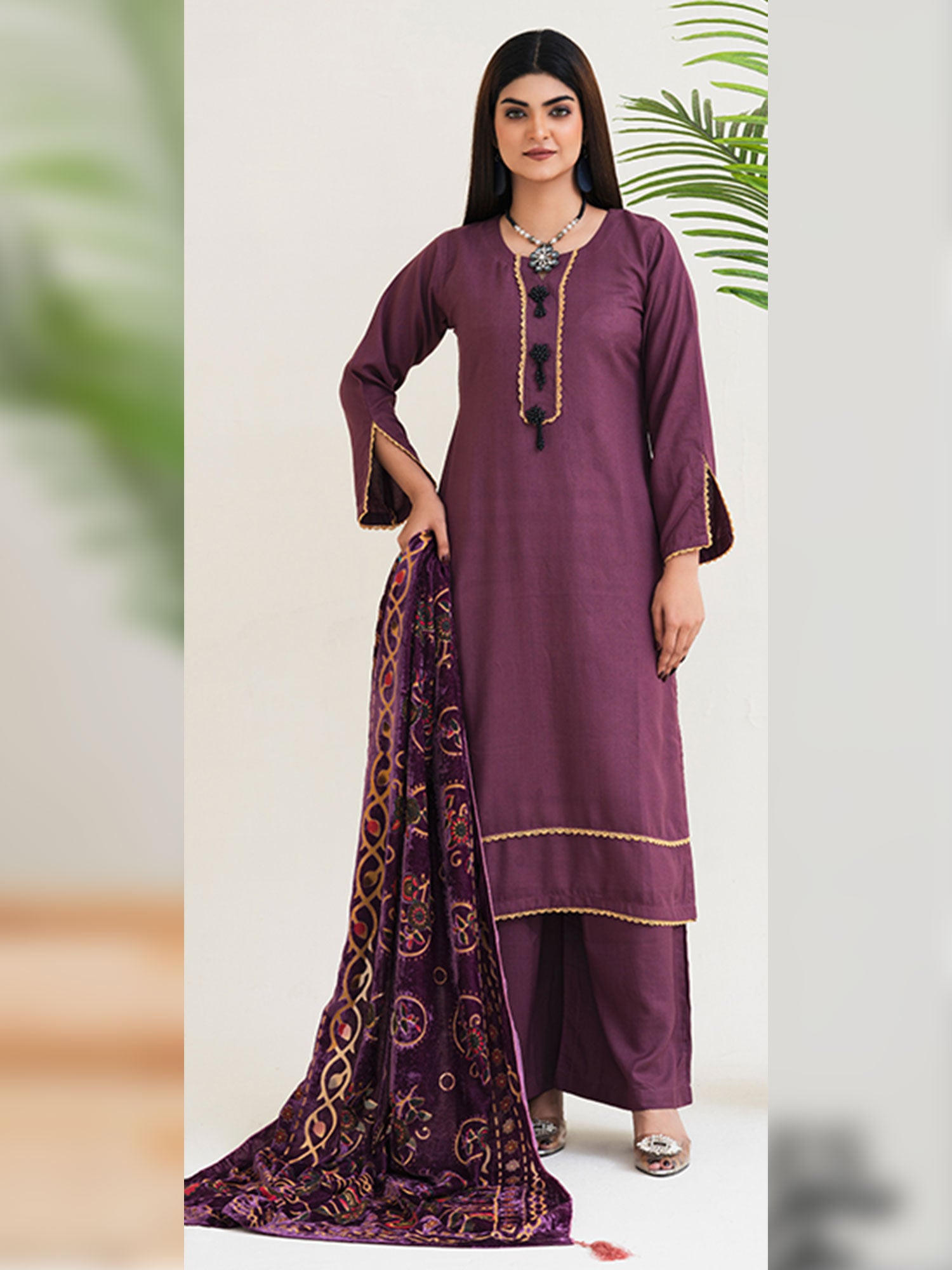 Rangz Plum Winter Dhanak Suit with Plachi Shawl